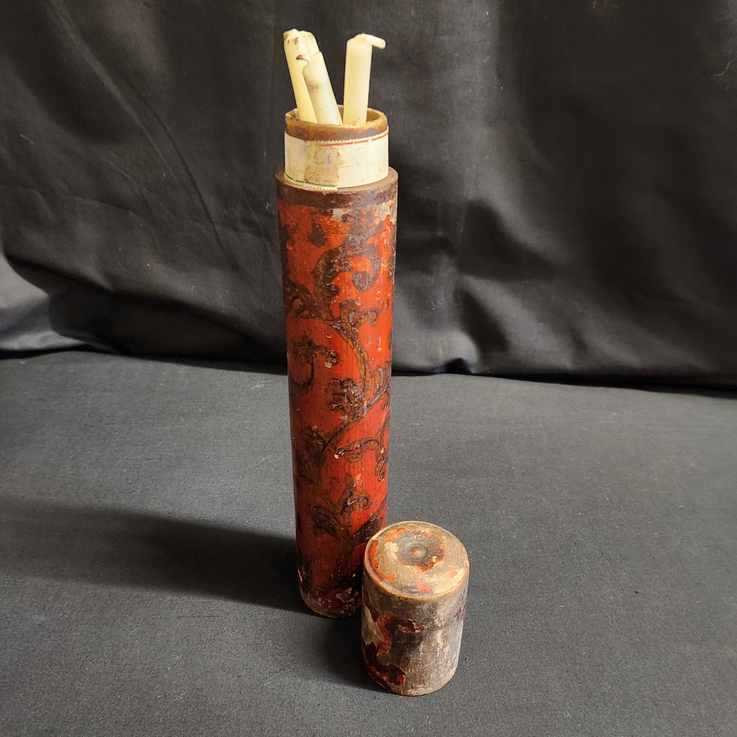 Circa Late 18thC Wooden Lidded Tubular Candle/Taper Holder, Decoupage in Red with Gilt