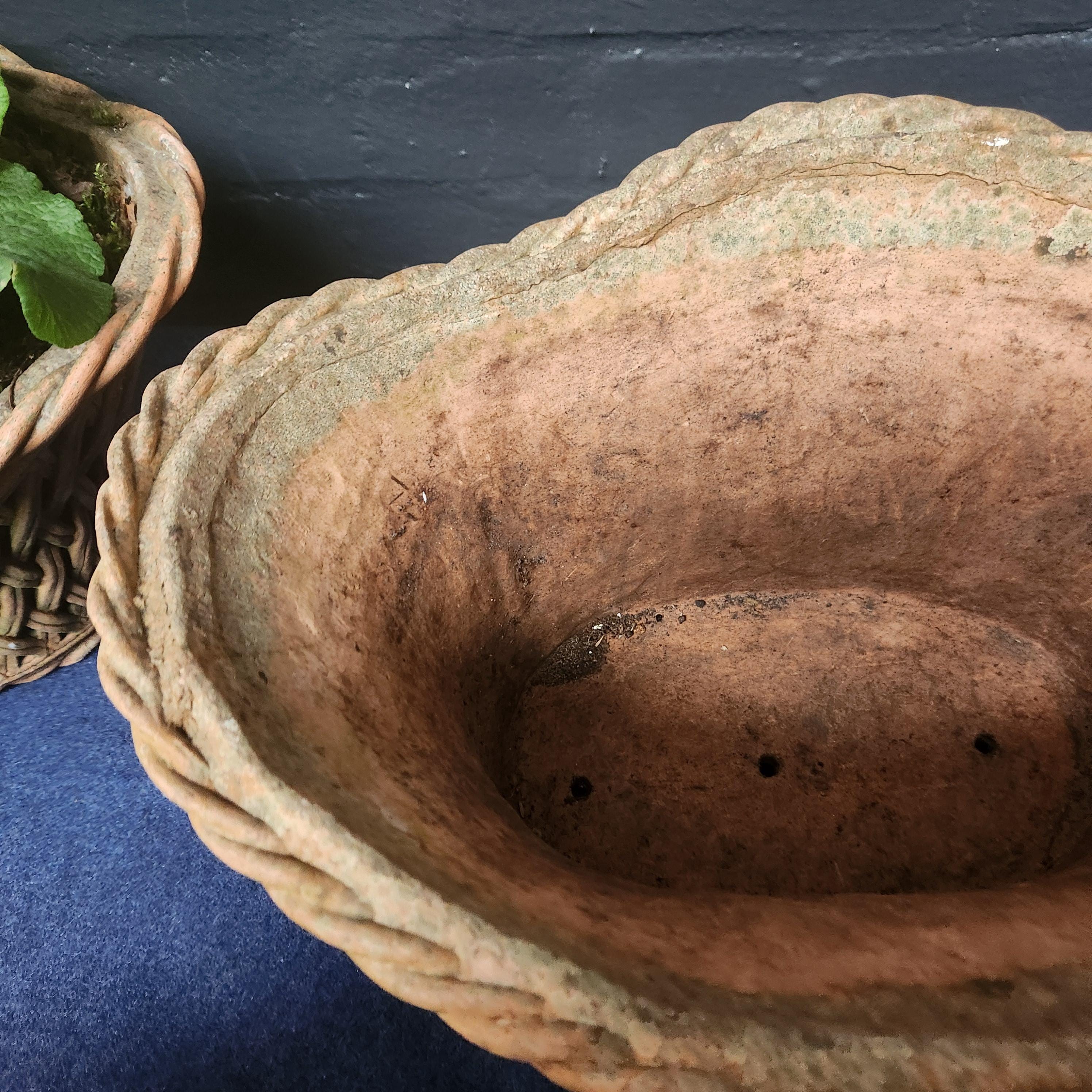 Pair Ornate Weathered Terracotta Basket Weave Style Planters