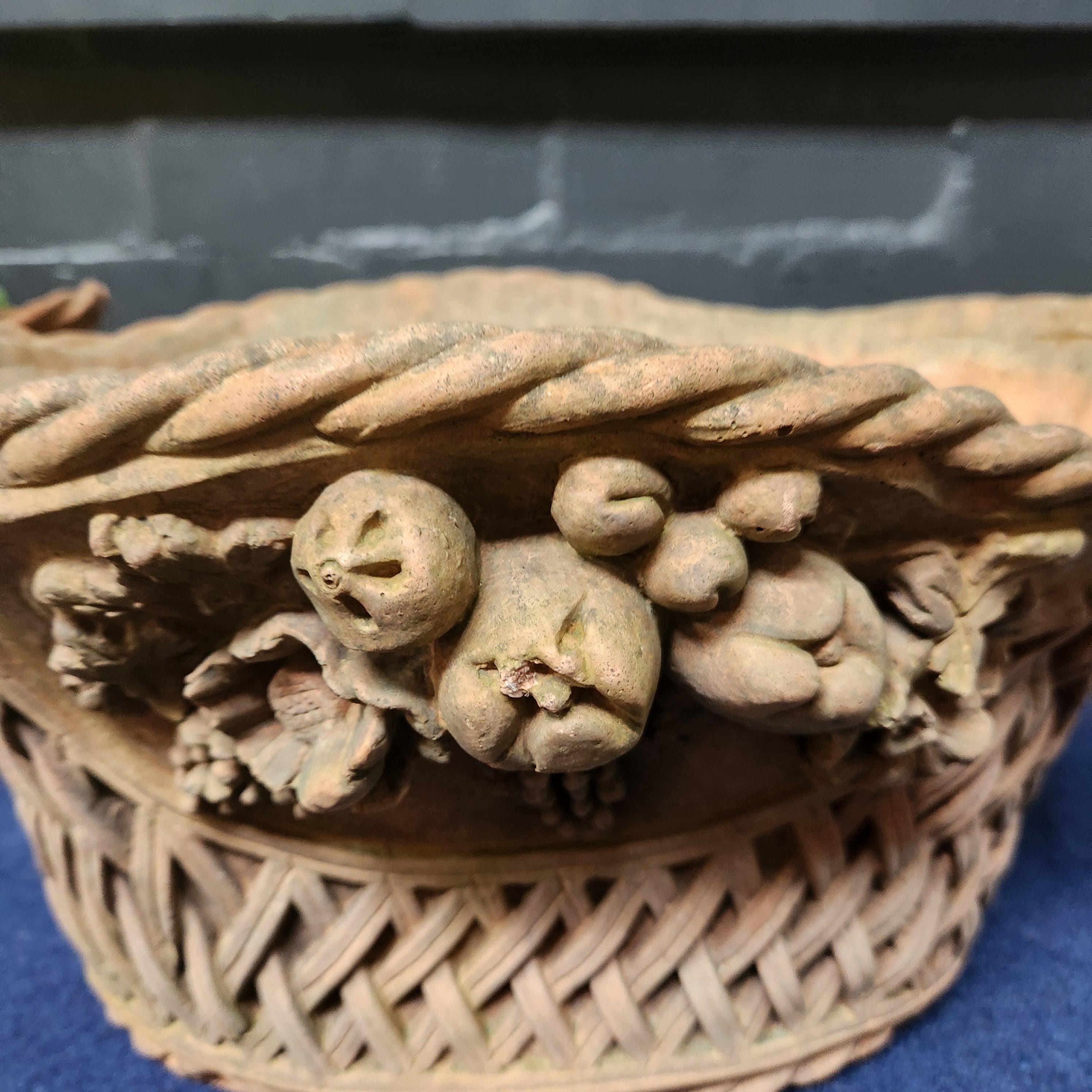 Pair Ornate Weathered Terracotta Basket Weave Style Planters
