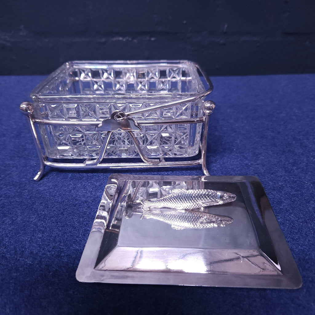 Silverplate & Glass Sardine Dish and Cover