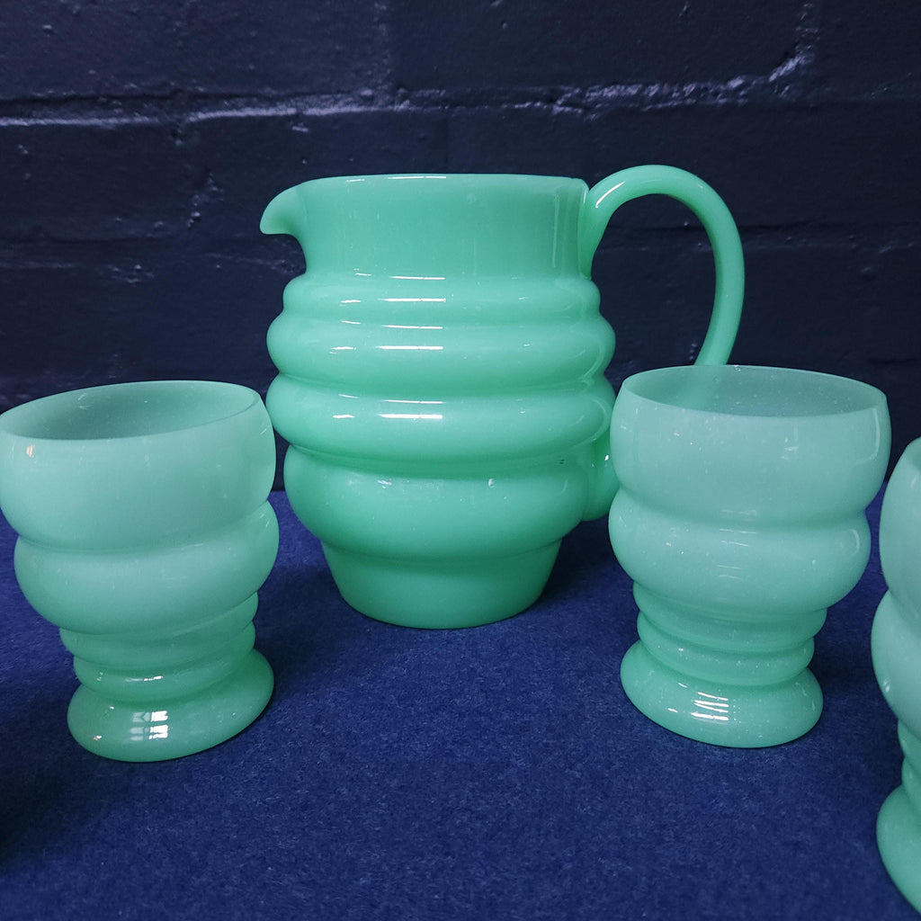 Jadeite Opaline Uranium Glass Lemonade Set, Jug and 4 Glasses