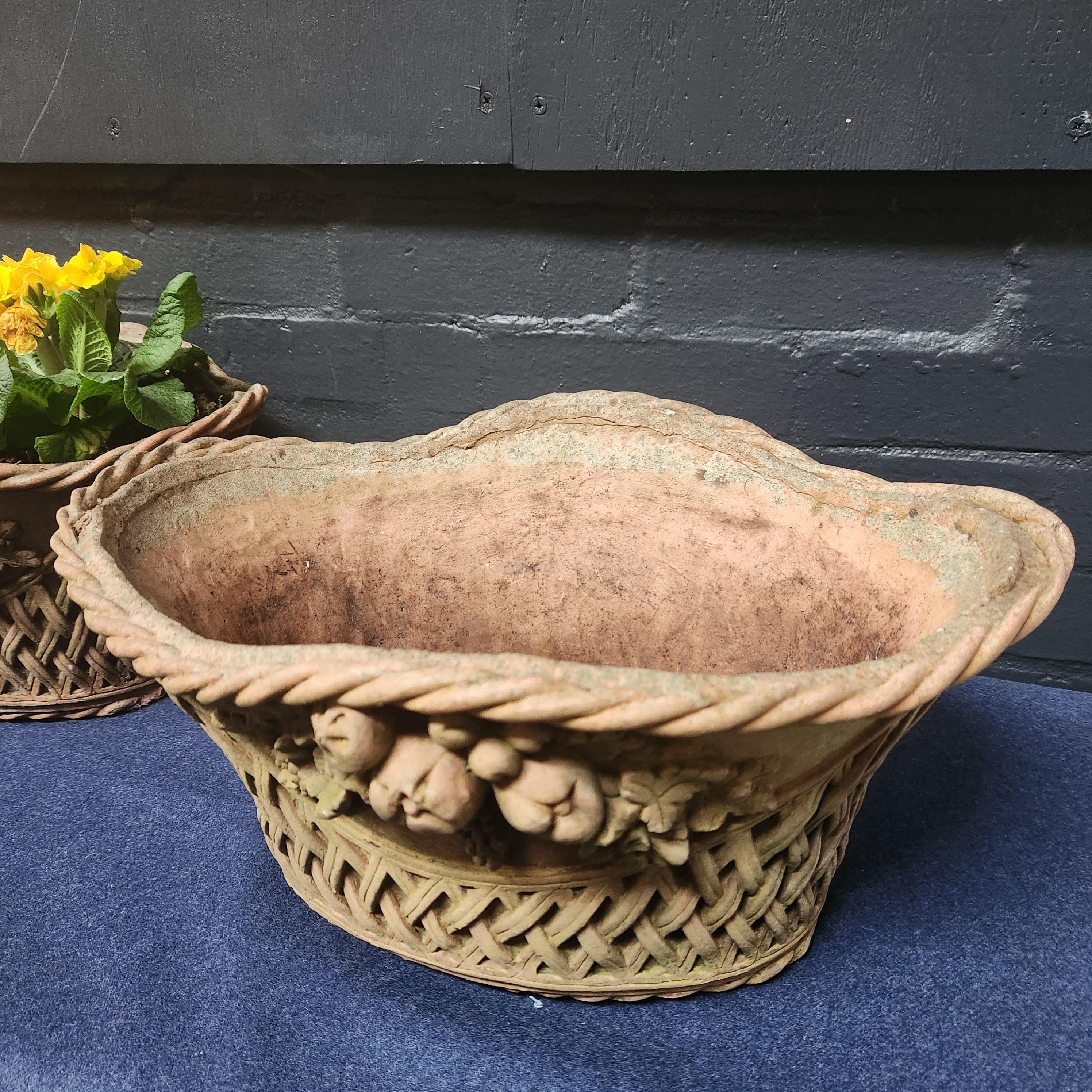 Pair Ornate Weathered Terracotta Basket Weave Style Planters