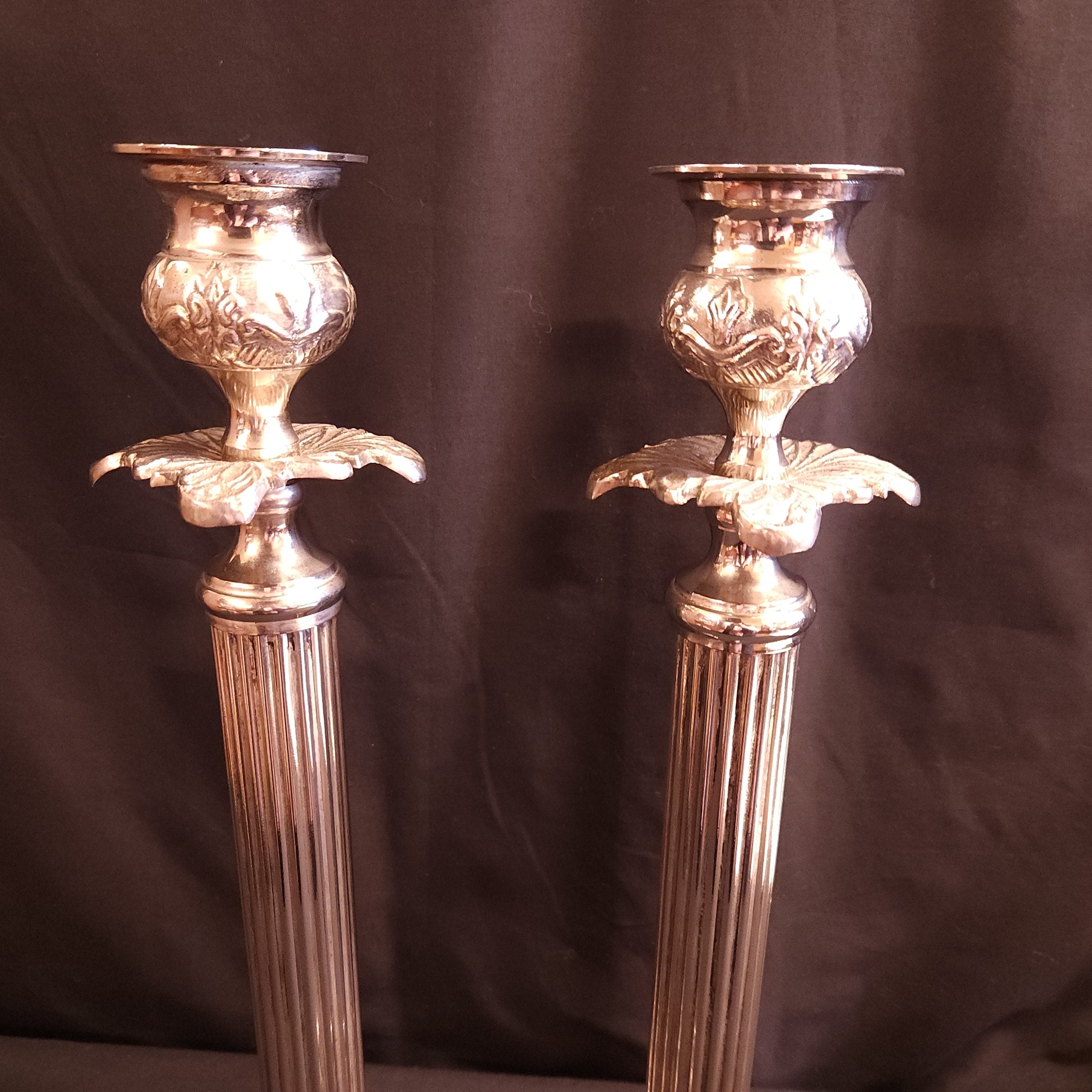 Pair Vintage Mid-Century Corinthian Column Candlesticks, Silver Plated