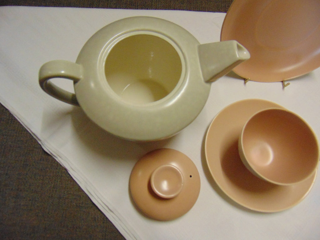 Vintage Poole Pottery Tea Set: Pink & Grey Twintone Teapot, Cup, Saucer