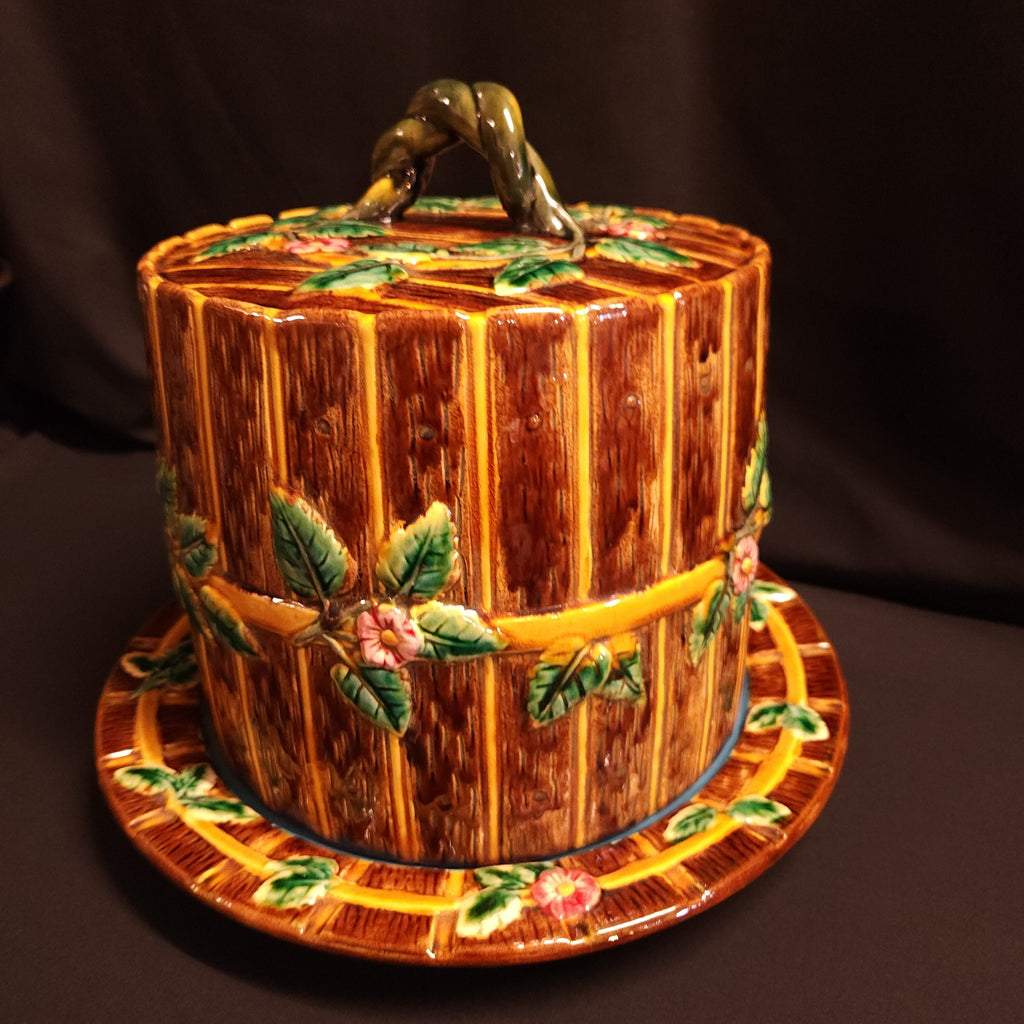 Majolica Cheese Keeper, Fence and Vine, In the Manner of George Jones Circa Early 1900's