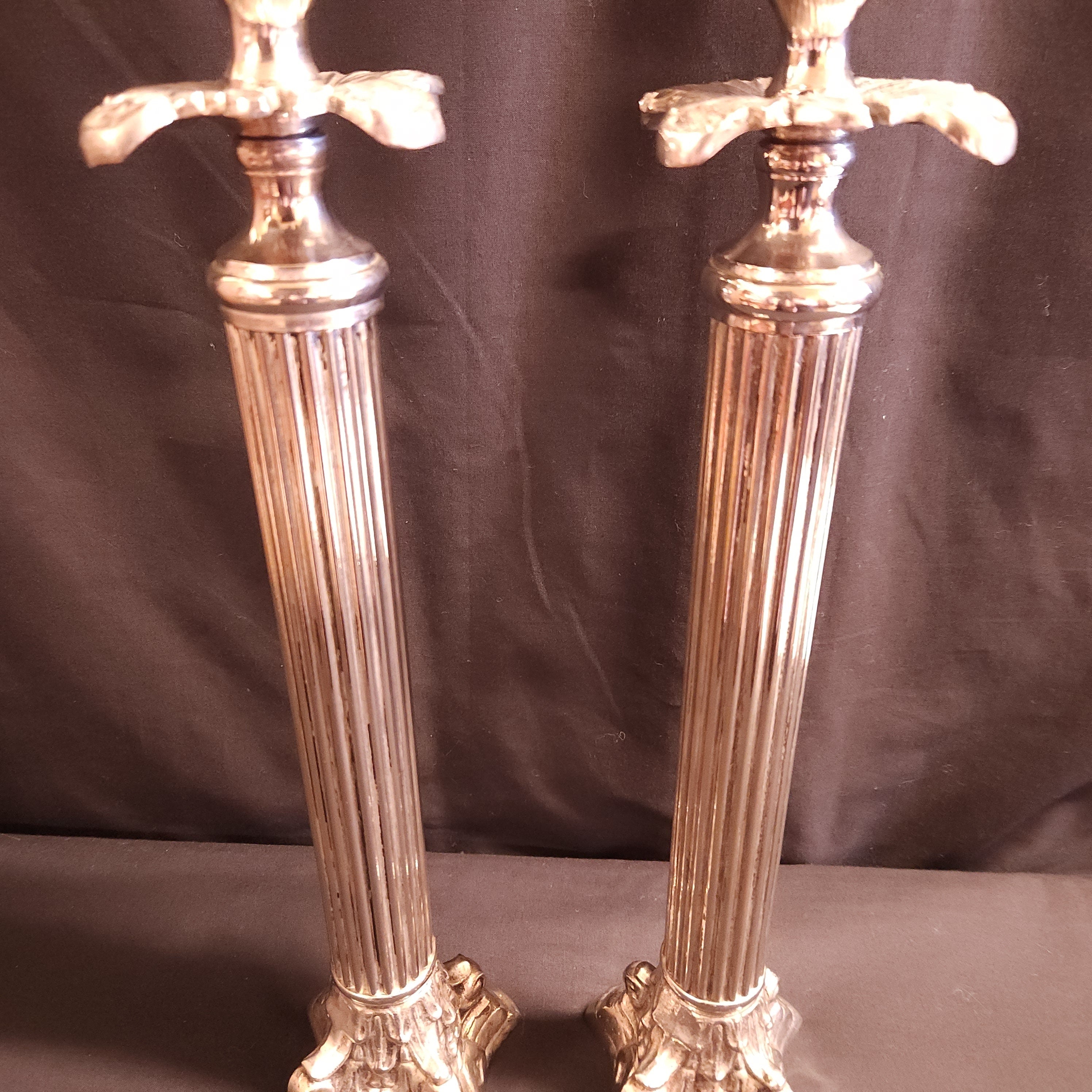 Pair Vintage Mid-Century Corinthian Column Candlesticks, Silver Plated