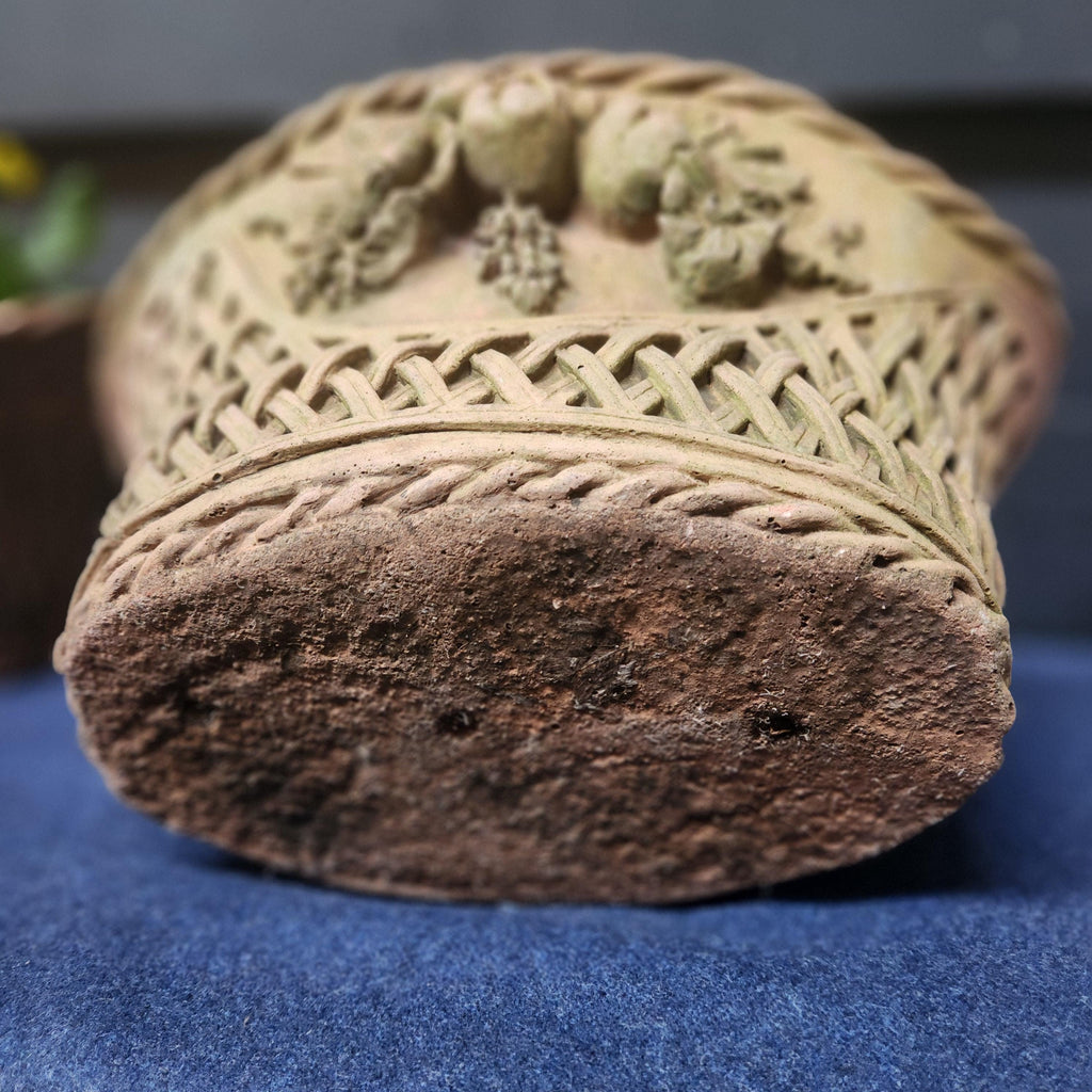 Pair Ornate Weathered Terracotta Basket Weave Style Planters