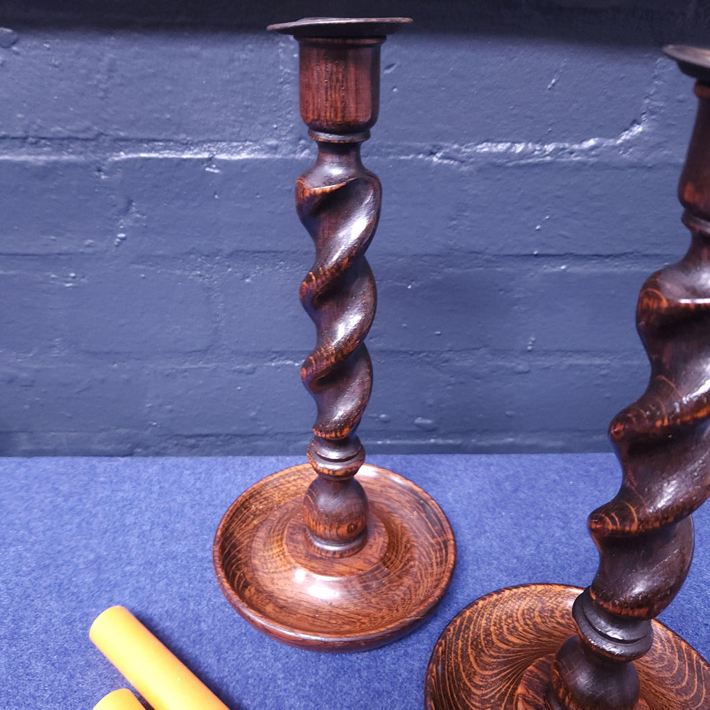 Pair of Early 20thC Oak Barleytwist Candlesticks
