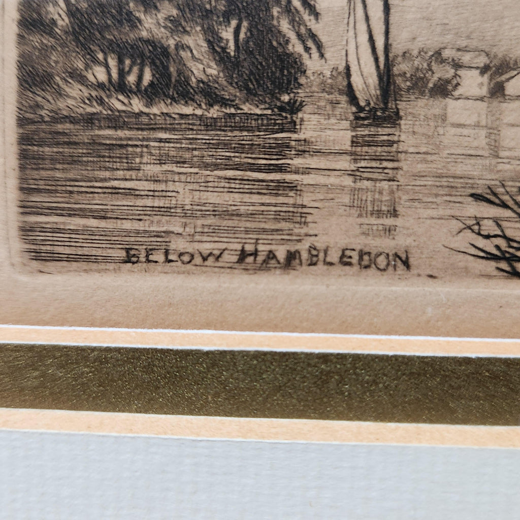 Framed set of 6 etchings of the River Thames. Possibly Wildred Ball