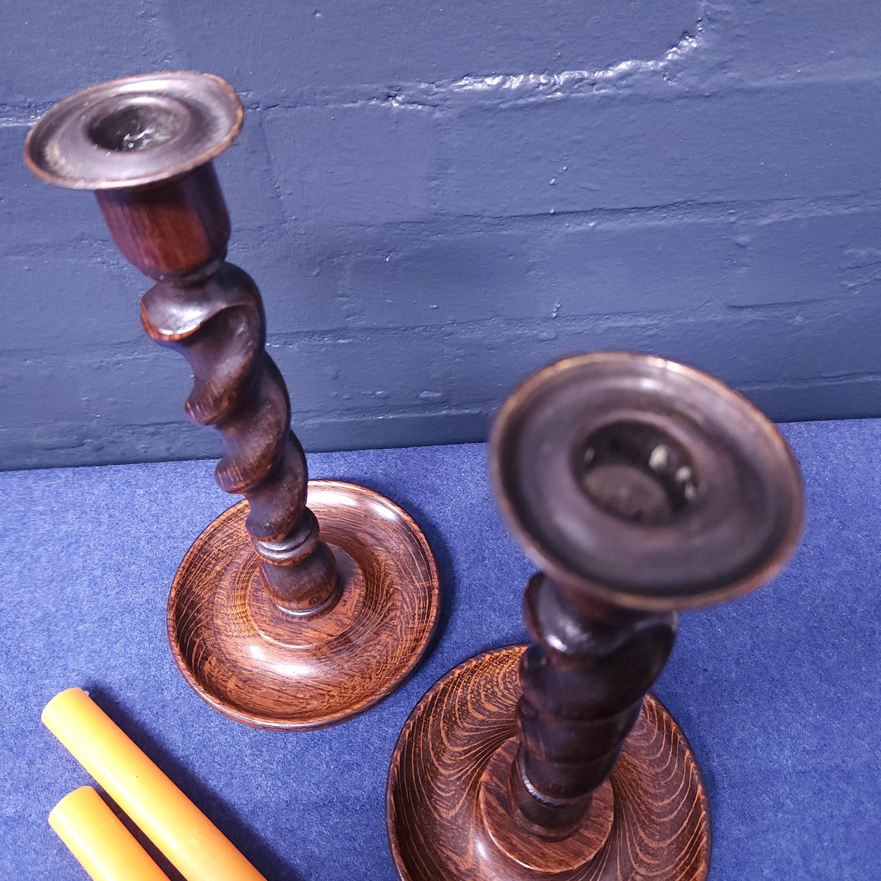 Pair of Early 20thC Oak Barleytwist Candlesticks