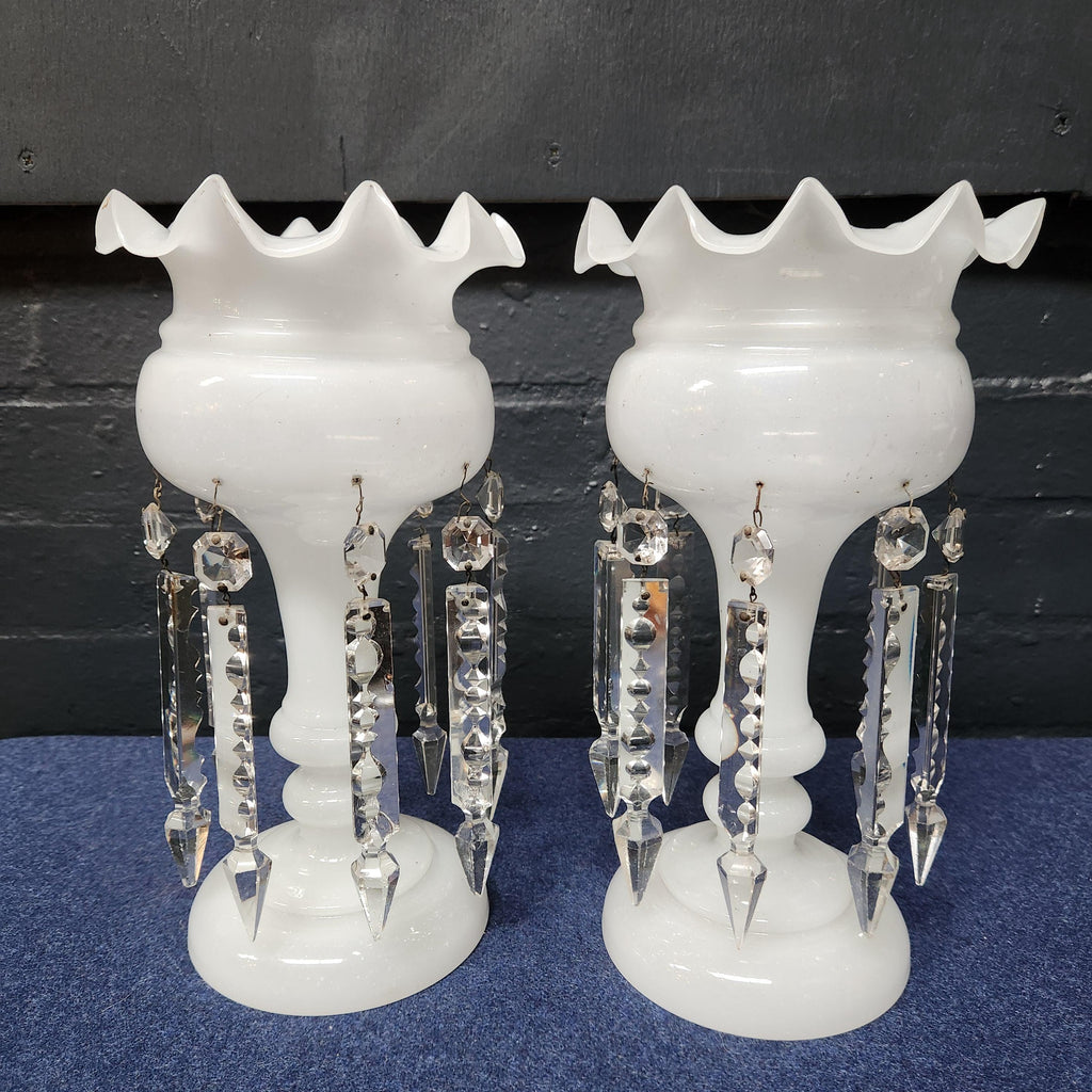 Pair Victorian Milk Glass Lustre's