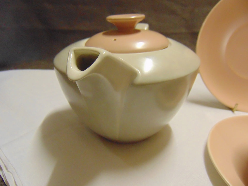 Vintage Poole Pottery Tea Set: Pink & Grey Twintone Teapot, Cup, Saucer