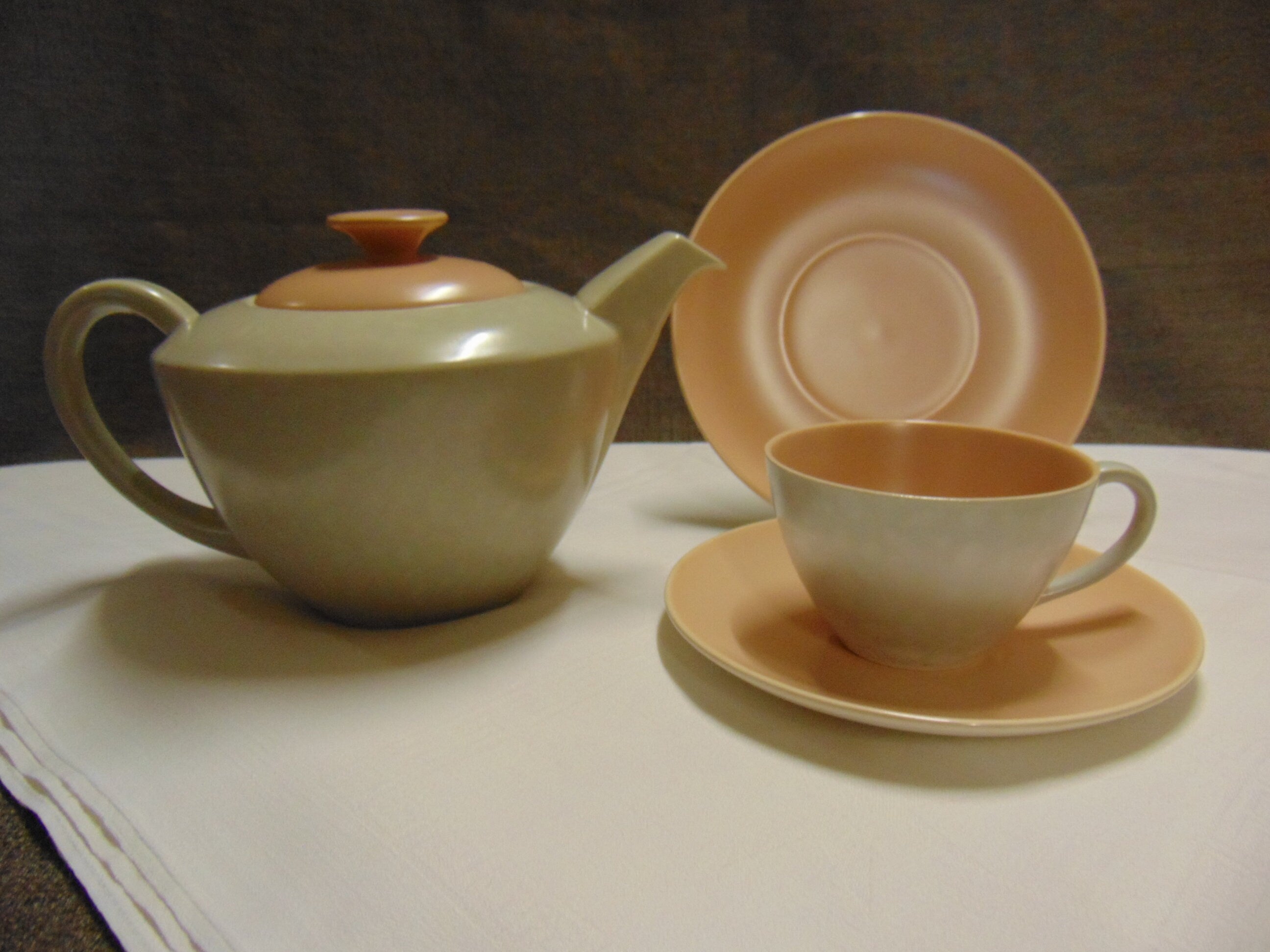 Vintage Poole Pottery Tea Set: Pink & Grey Twintone Teapot, Cup, Saucer