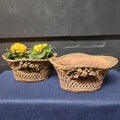Pair Ornate Weathered Terracotta Basket Weave Style Planters