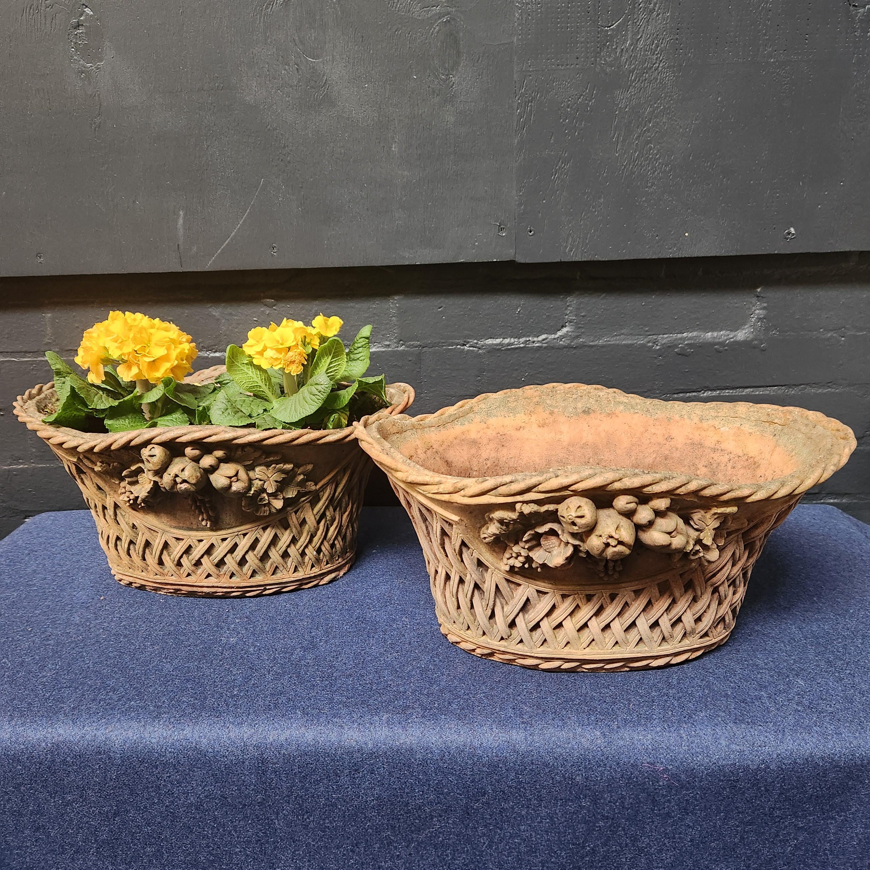Pair Ornate Weathered Terracotta Basket Weave Style Planters