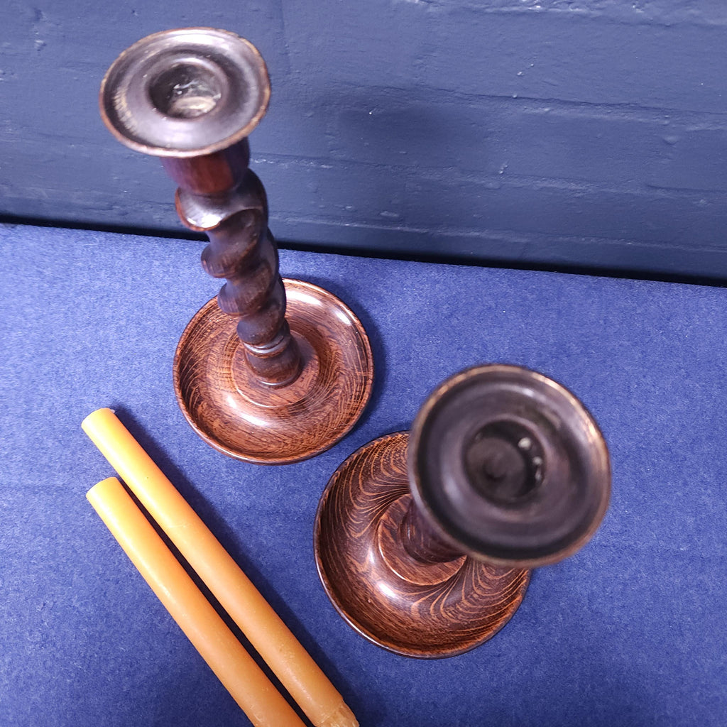 Pair of Early 20thC Oak Barleytwist Candlesticks