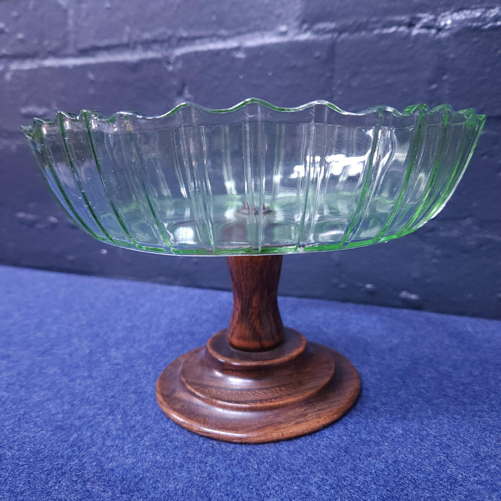 Uranium Glass and Oak Comport Circa 1930's