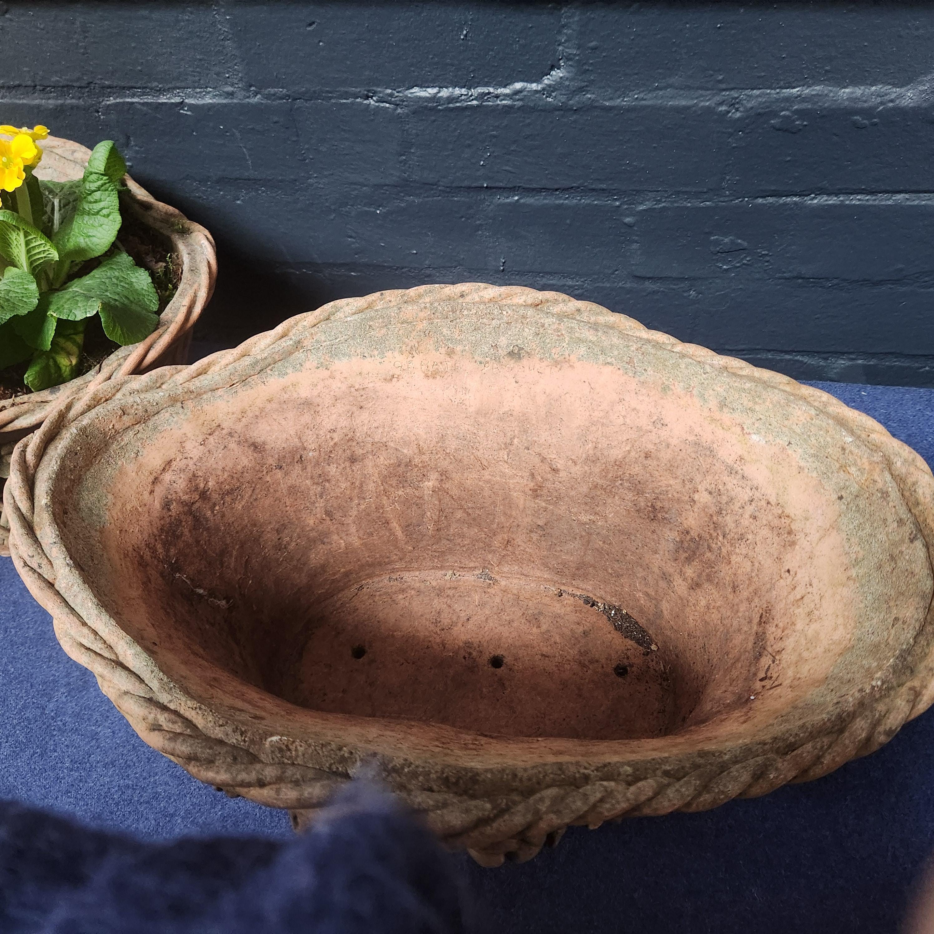 Pair Ornate Weathered Terracotta Basket Weave Style Planters