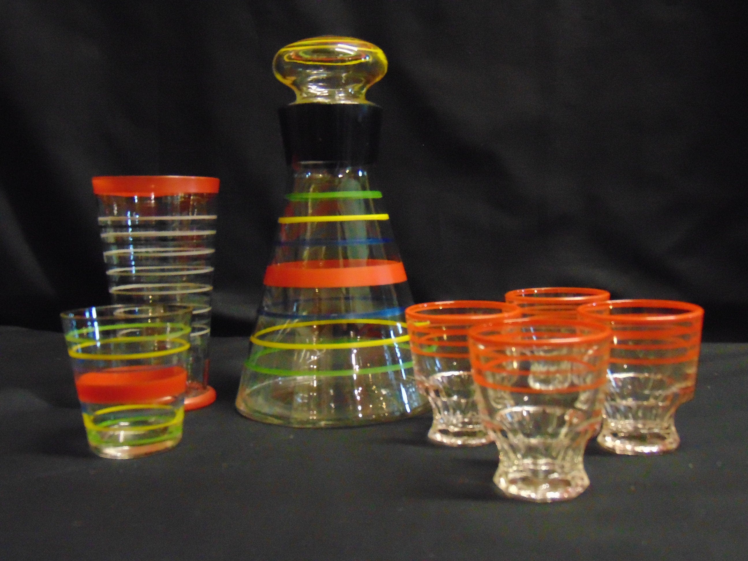 Retro Decanter and Assortment of Glasses Mid Century Continental
