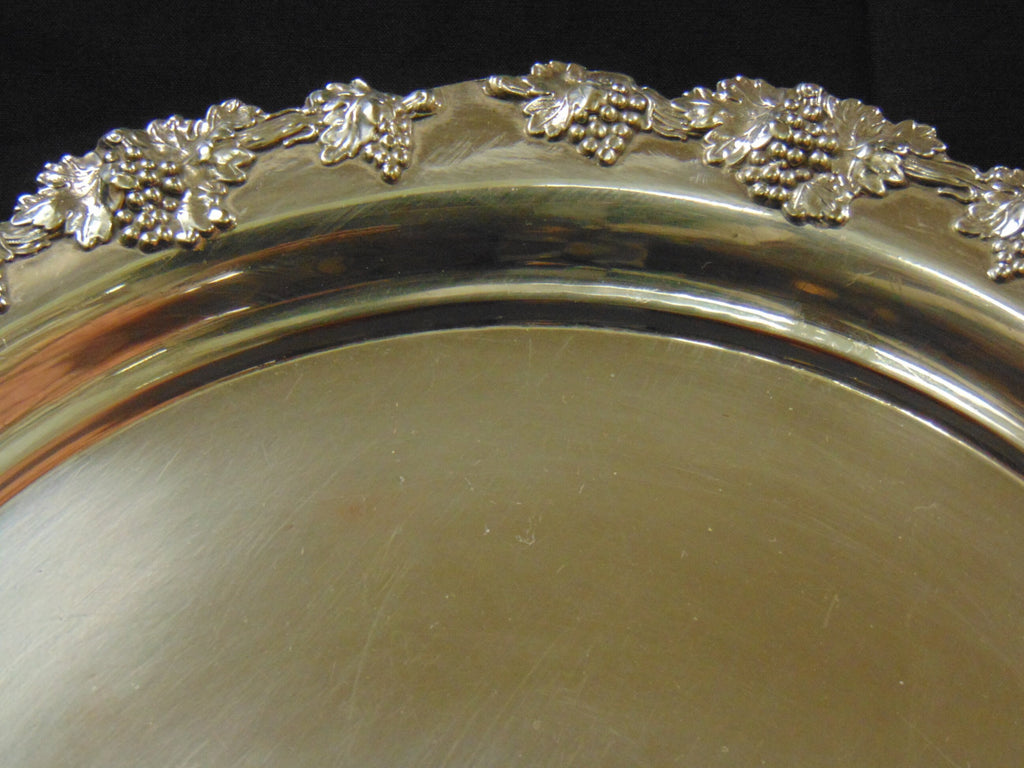 Circular Silver Plate on Copper Tray Decorated with Grapes and Vine Leaves