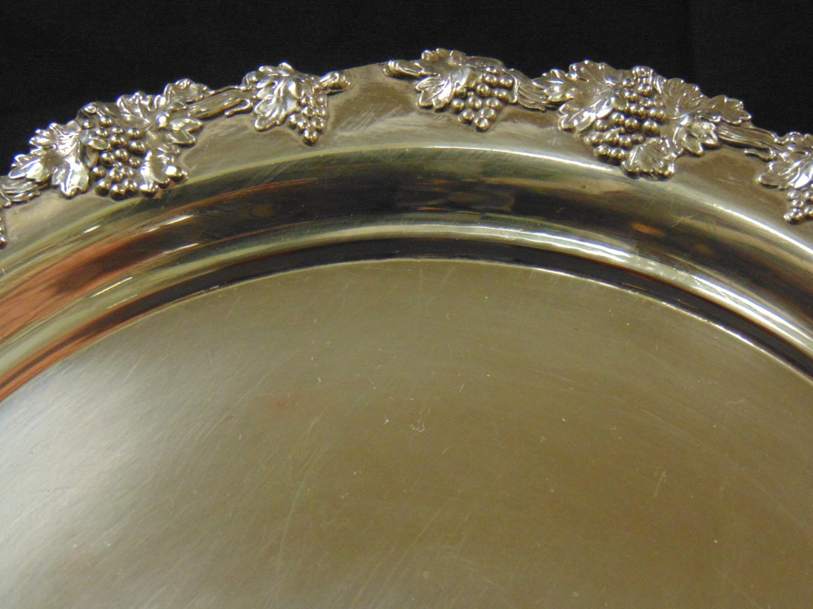 Circular Silver Plate on Copper Tray Decorated with Grapes and Vine Leaves