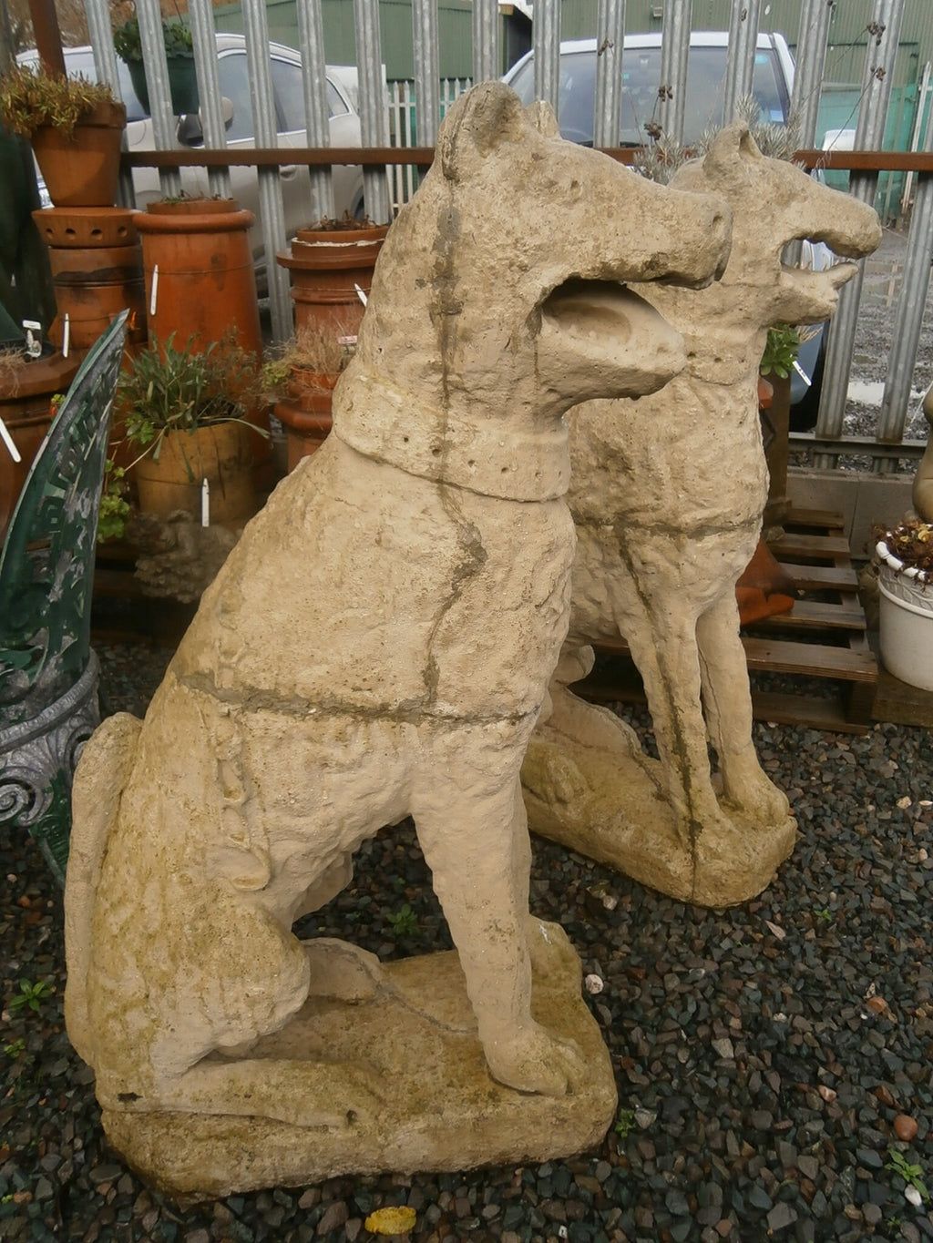 Pair Large Imposing Cast Stone 16thC Style Dogs