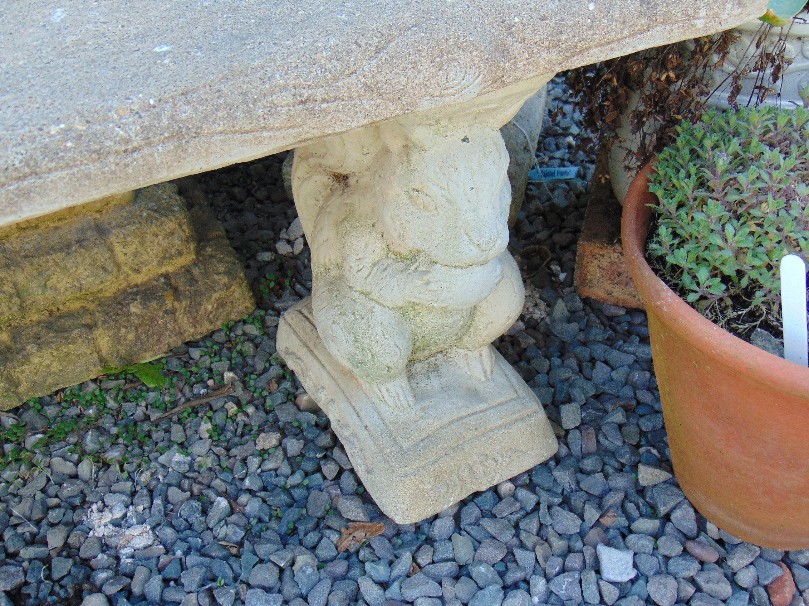 Weathered Reconstituted Stone Squirrel Bench