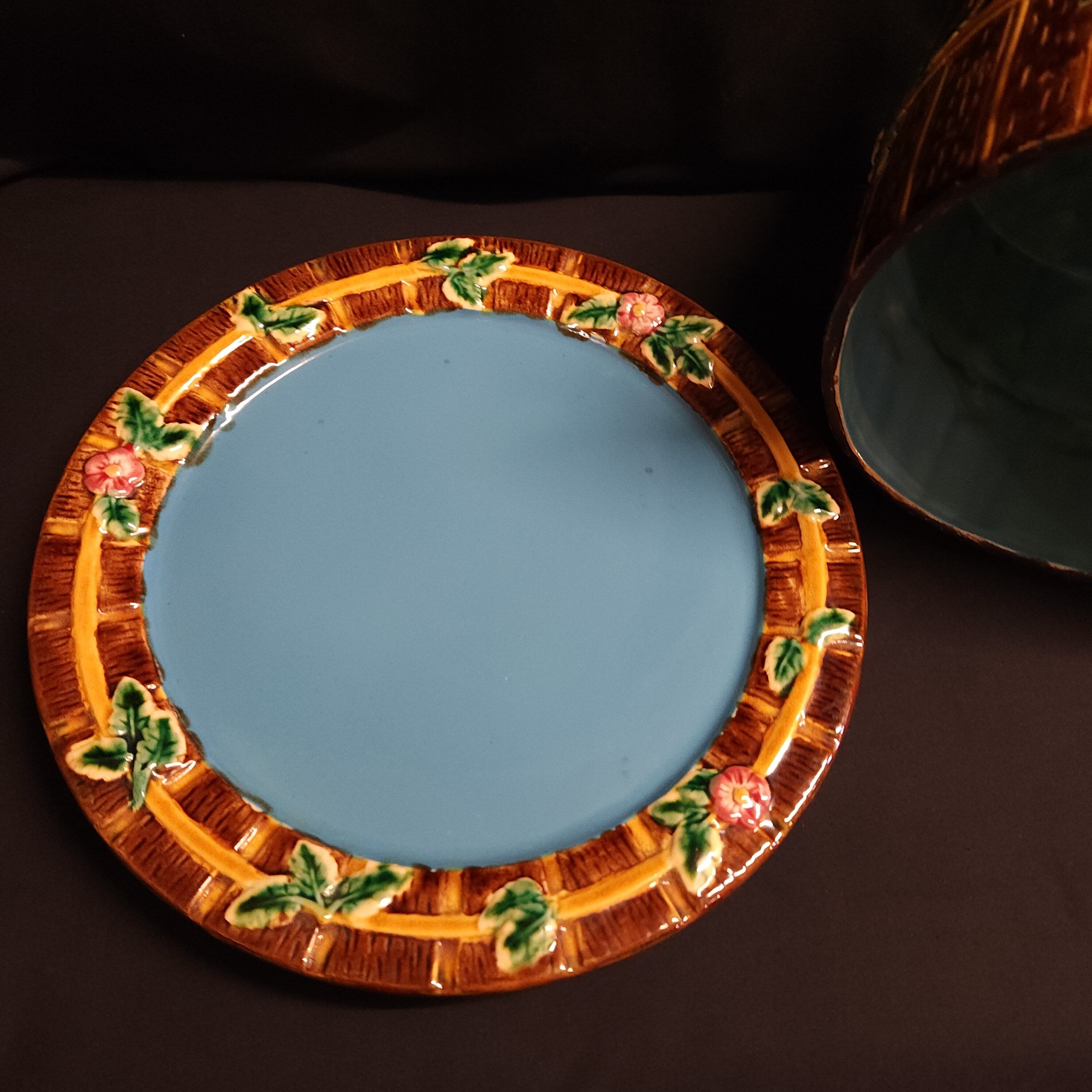 Majolica Cheese Keeper, Fence and Vine, In the Manner of George Jones Circa Early 1900's