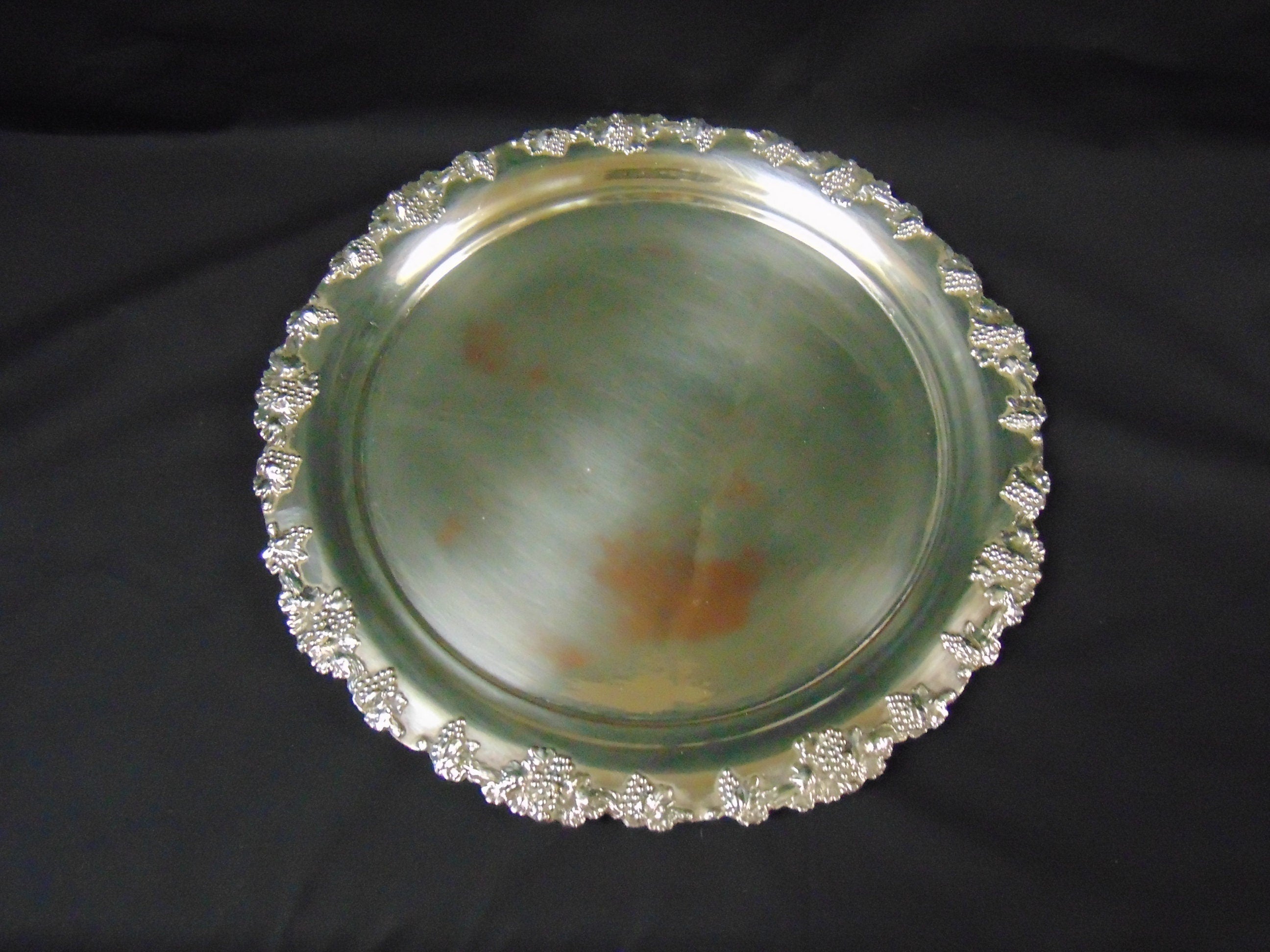 Circular Silver Plate on Copper Tray Decorated with Grapes and Vine Leaves