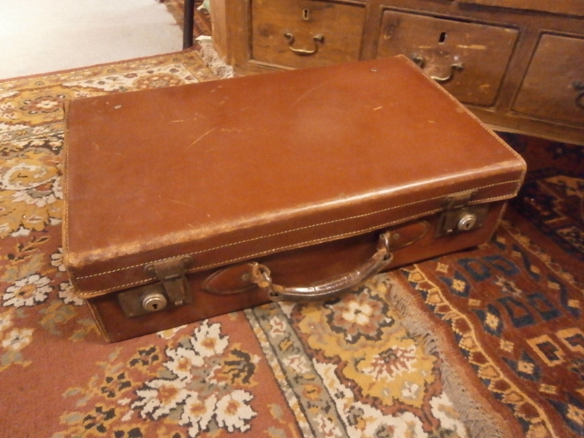 Vintage Tan Leather Suitcase with Original Key