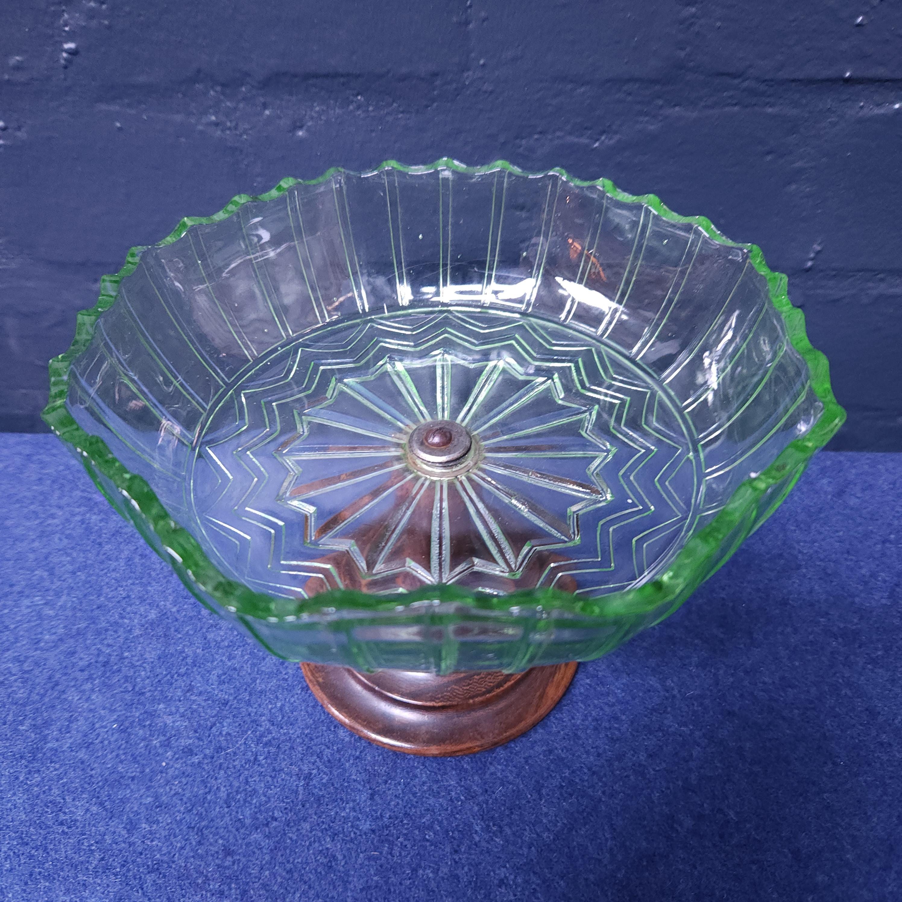 Uranium Glass and Oak Comport Circa 1930's