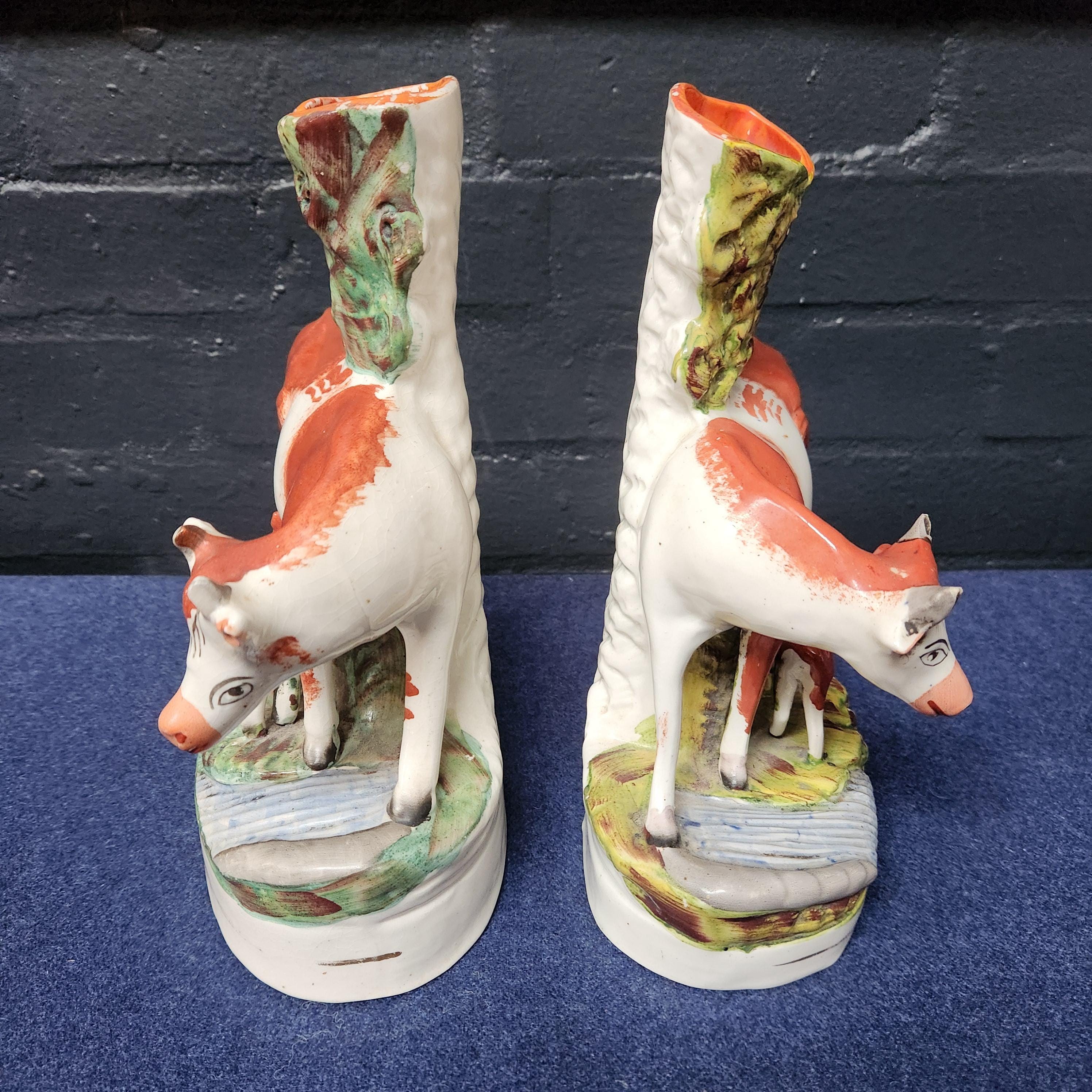 Pair Victorian Staffordshire Flat-Back Cow's with Calf