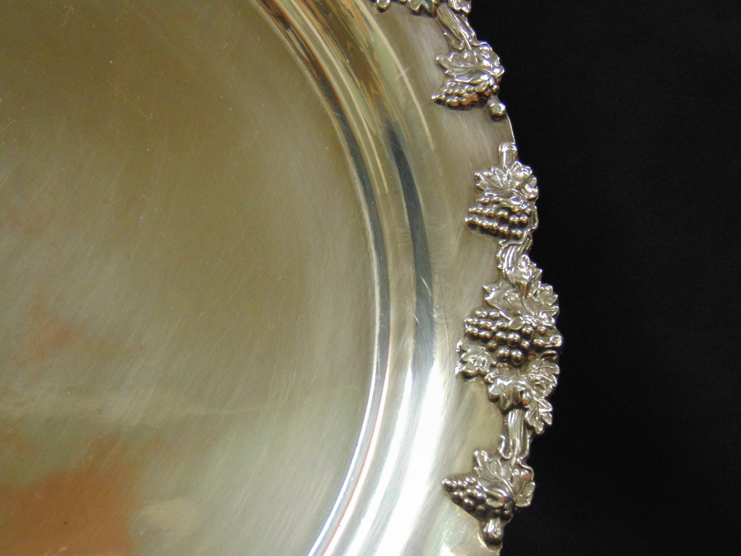 Circular Silver Plate on Copper Tray Decorated with Grapes and Vine Leaves