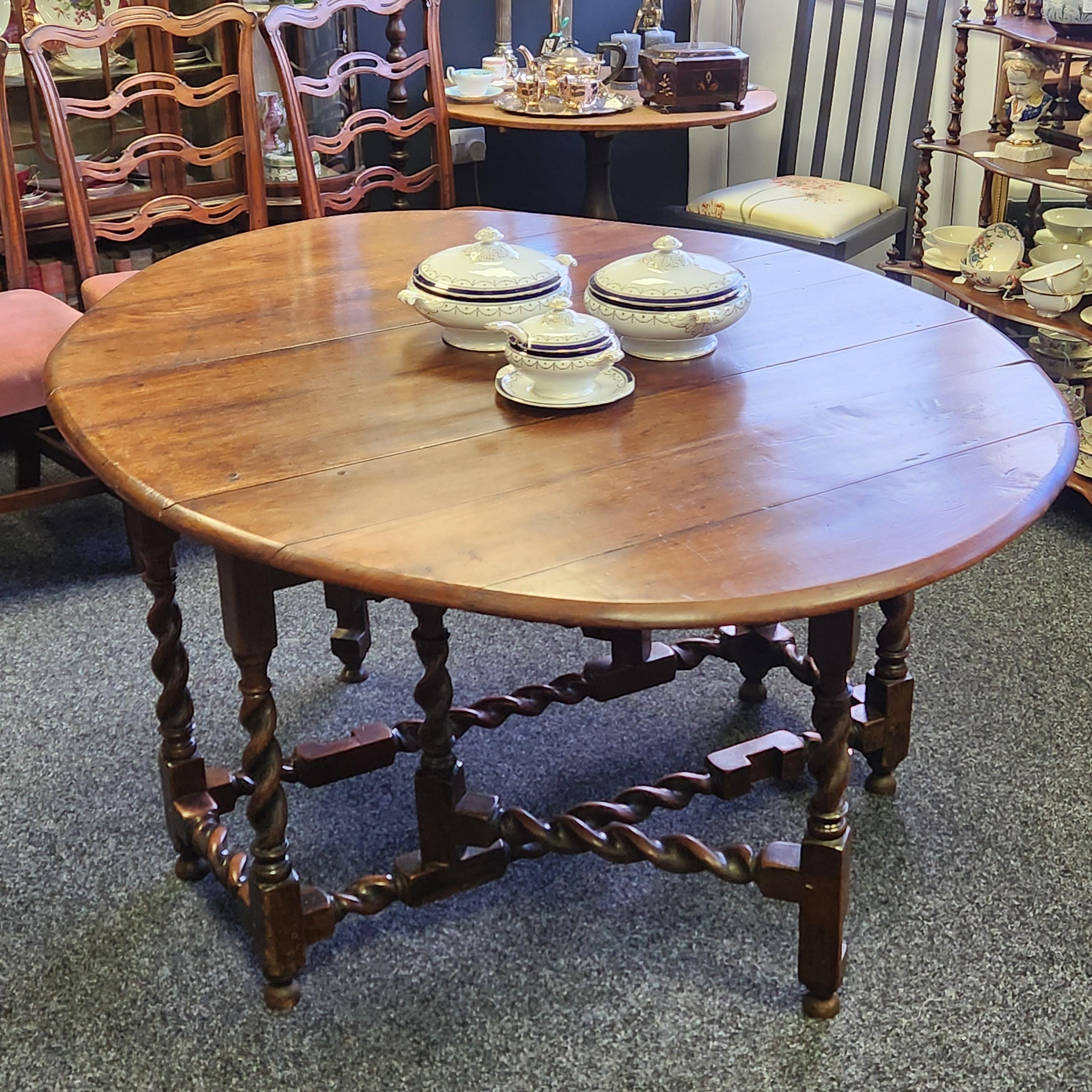 18th Century Elm Barley Twist Gate Leg Table