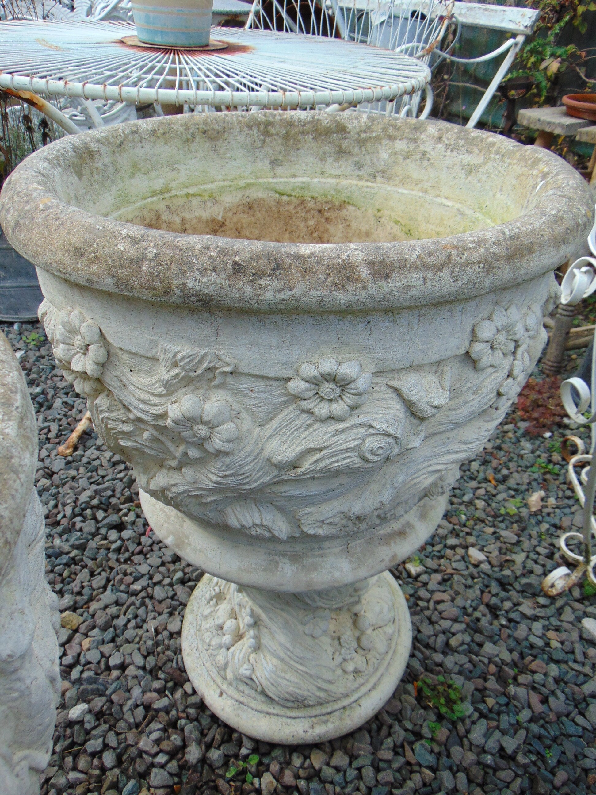 Pair Large Weathered Reconstituted Stone Urns Decorated with Flowers