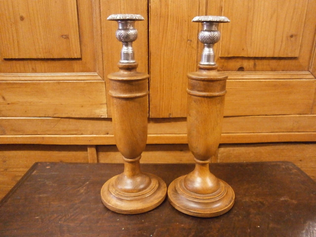 Pair of Art Deco Oak and White Metal Candlesticks - Vintage
