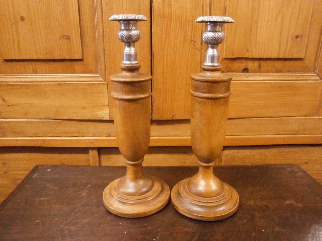 Pair of Art Deco Oak and White Metal Candlesticks - Vintage