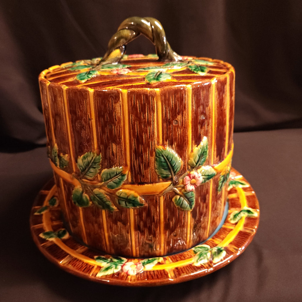 Majolica Cheese Keeper, Fence and Vine, In the Manner of George Jones Circa Early 1900's