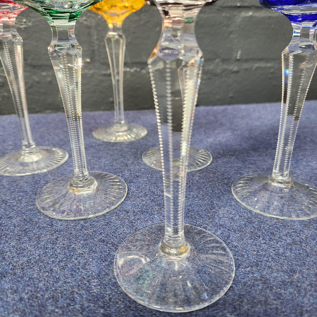 Set of 6 Hand Cut Bohemian Harlequin Hock Glasses
