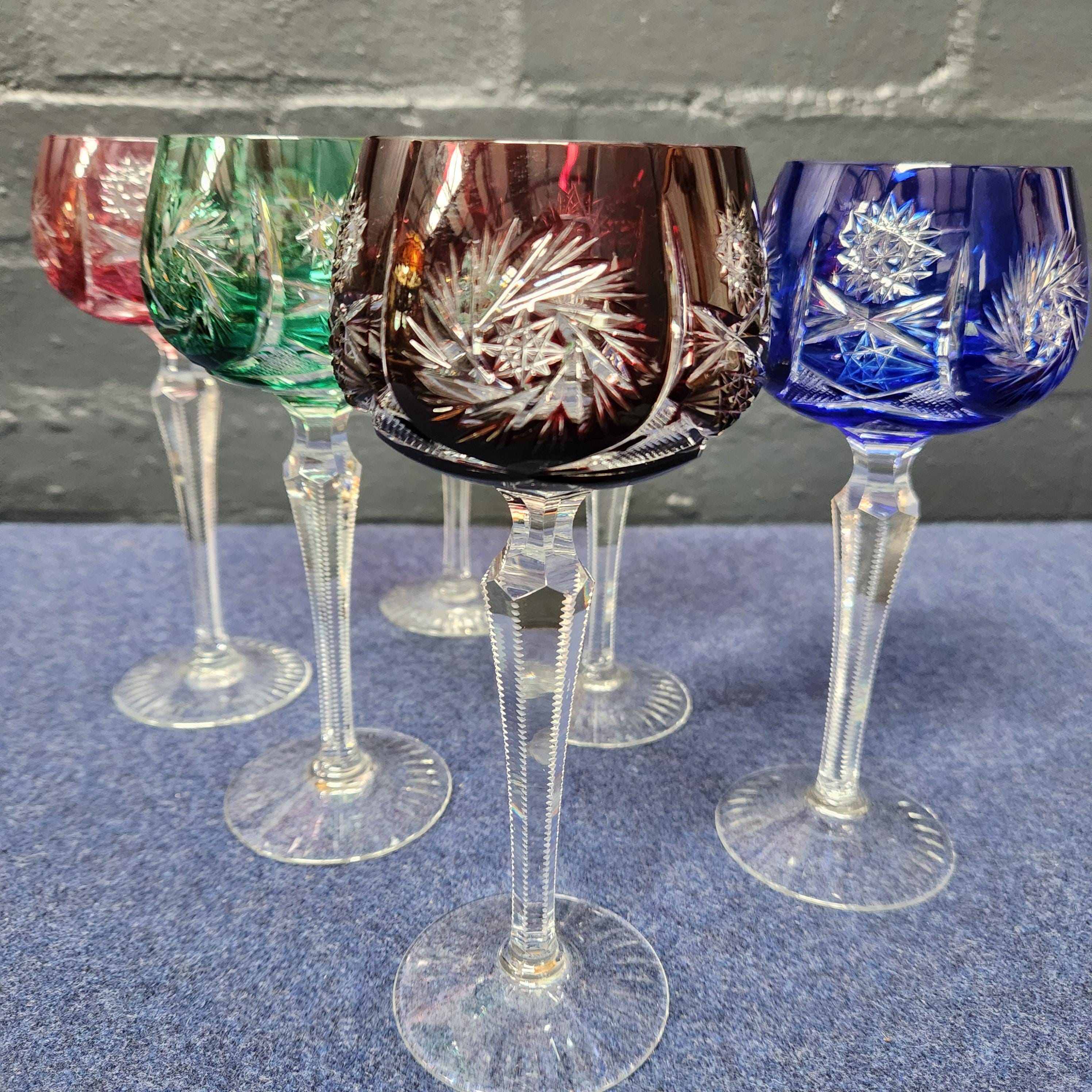 Set of 6 Hand Cut Bohemian Harlequin Hock Glasses
