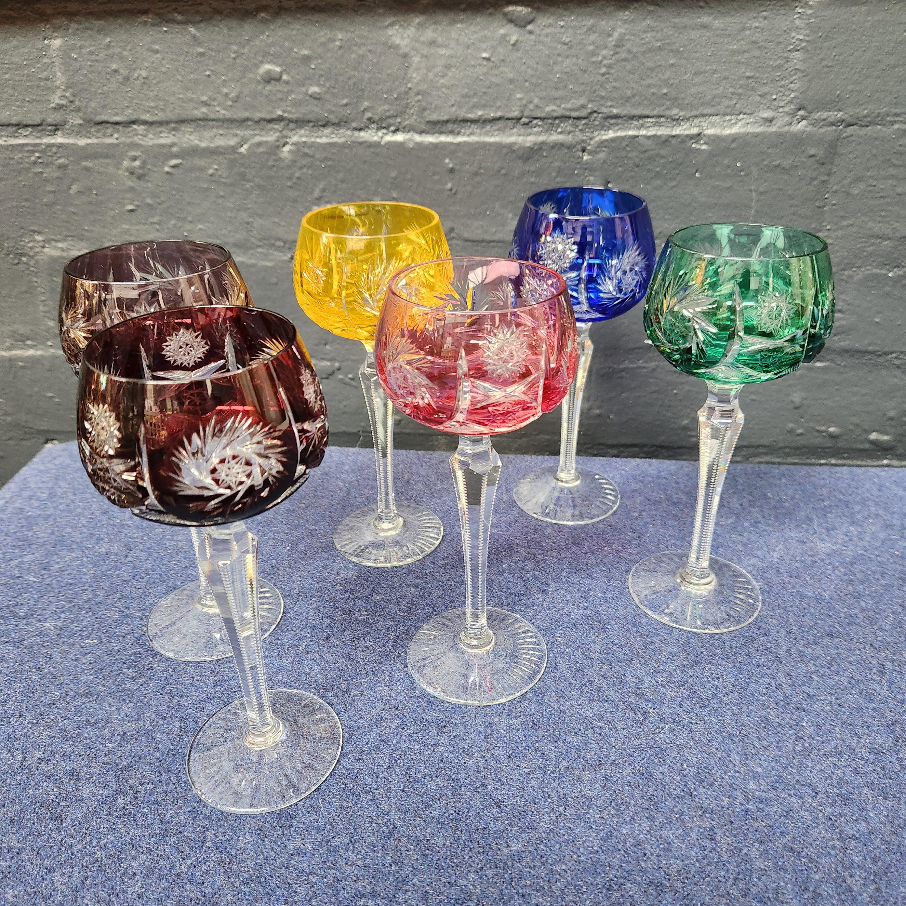 Set of 6 Hand Cut Bohemian Harlequin Hock Glasses