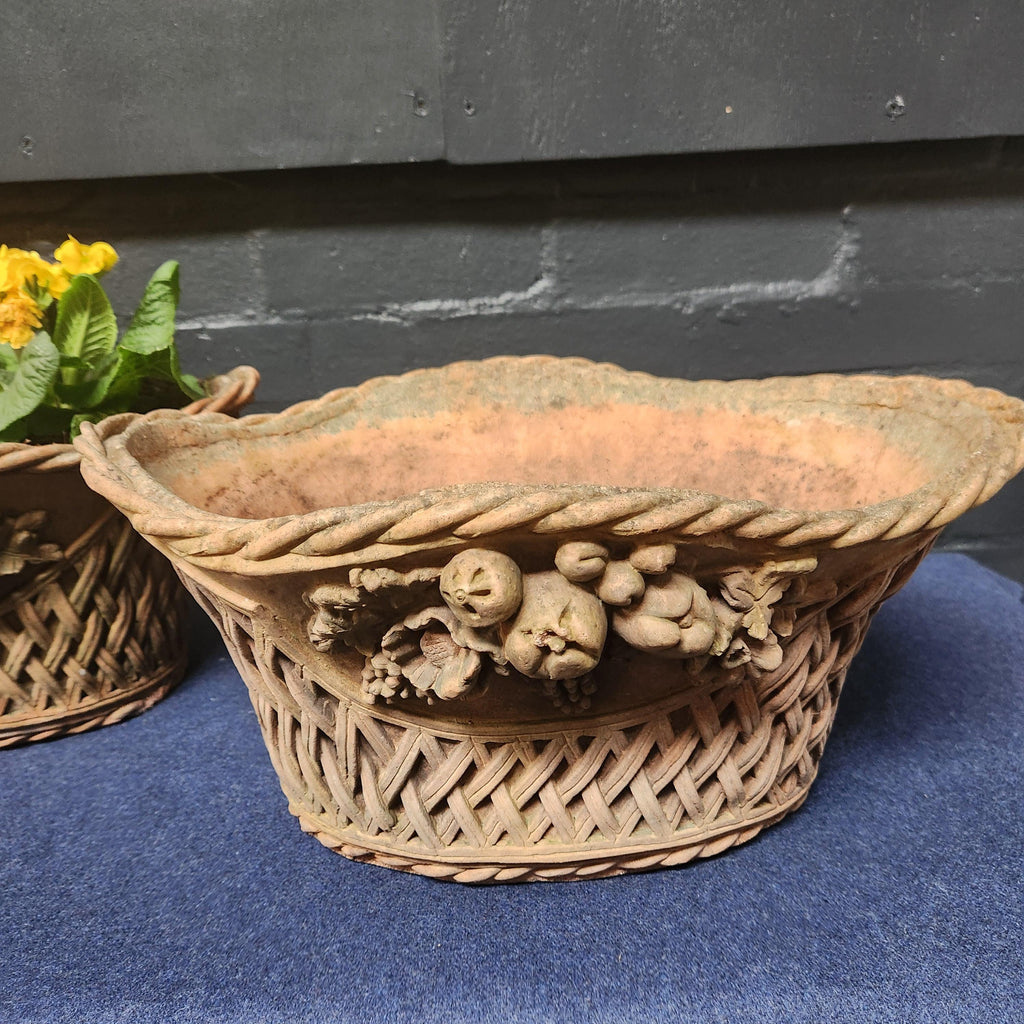 Pair Ornate Weathered Terracotta Basket Weave Style Planters