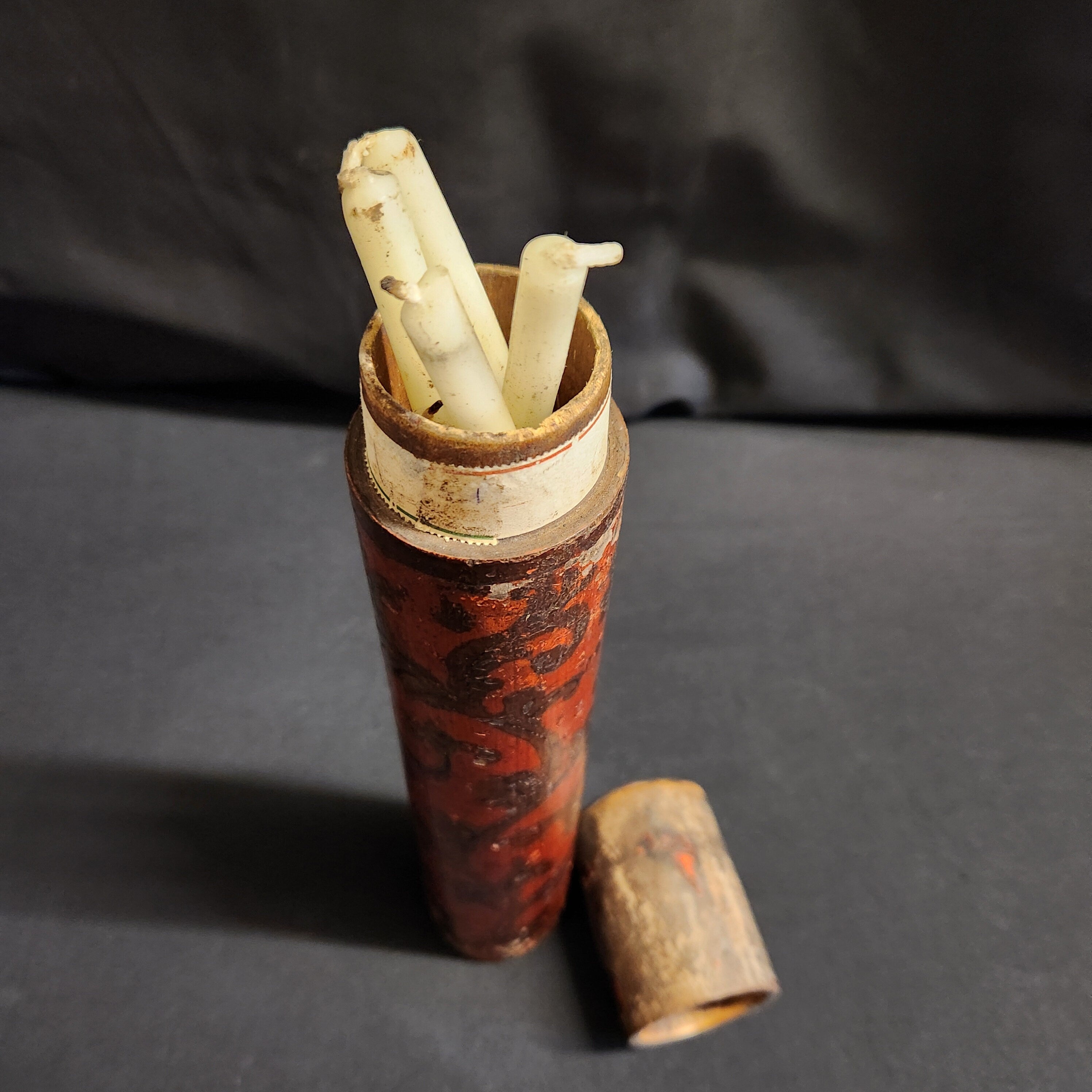Circa Late 18thC Wooden Lidded Tubular Candle/Taper Holder, Decoupage in Red with Gilt
