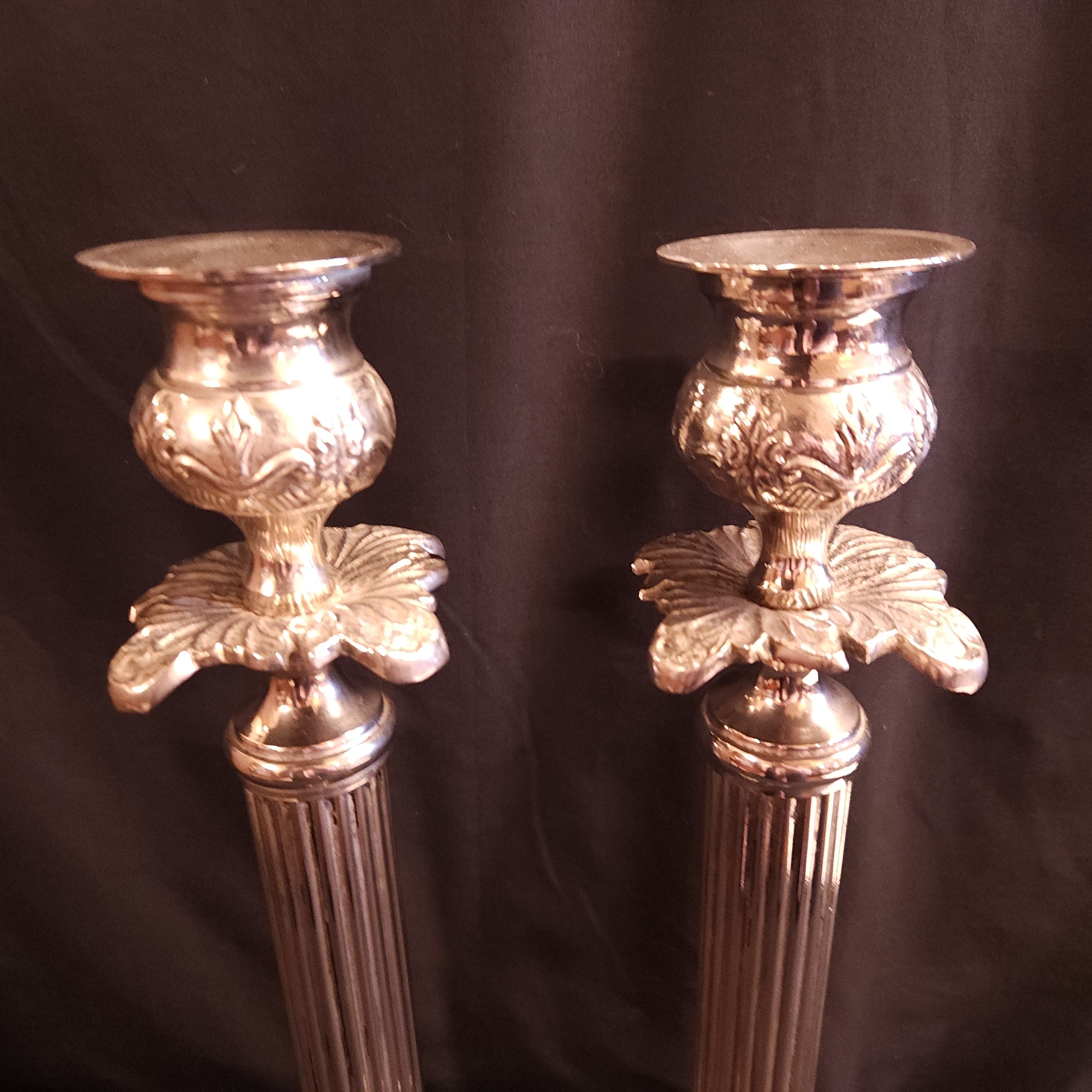 Pair Vintage Mid-Century Corinthian Column Candlesticks, Silver Plated
