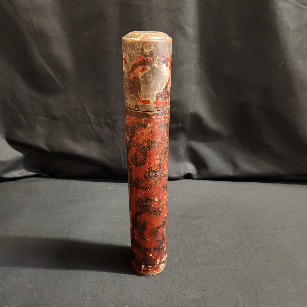 Circa Late 18thC Wooden Lidded Tubular Candle/Taper Holder, Decoupage in Red with Gilt