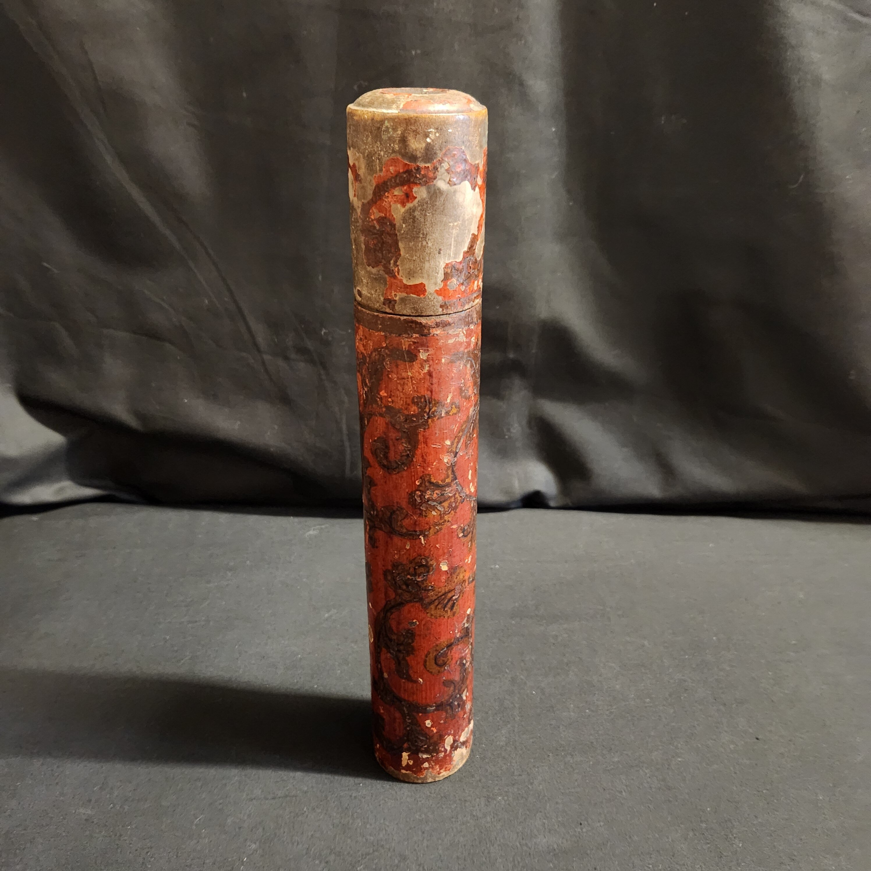 Circa Late 18thC Wooden Lidded Tubular Candle/Taper Holder, Decoupage in Red with Gilt