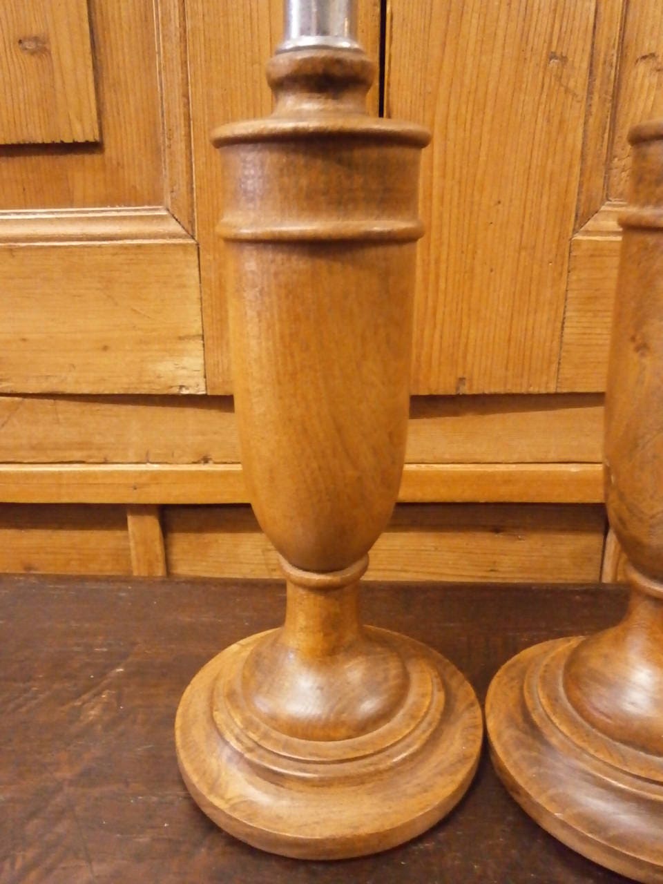 Pair of Art Deco Oak and White Metal Candlesticks - Vintage