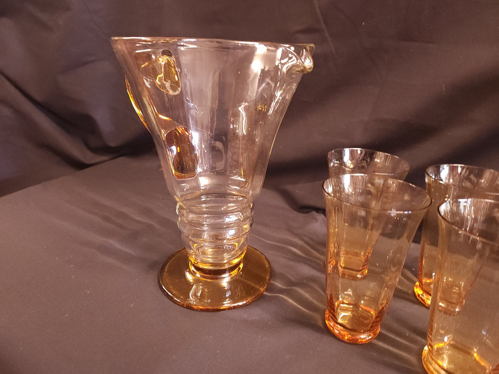 Art Deco, Possibly Whitefriars Glass, Lemonade Jug and 4 Tumblers