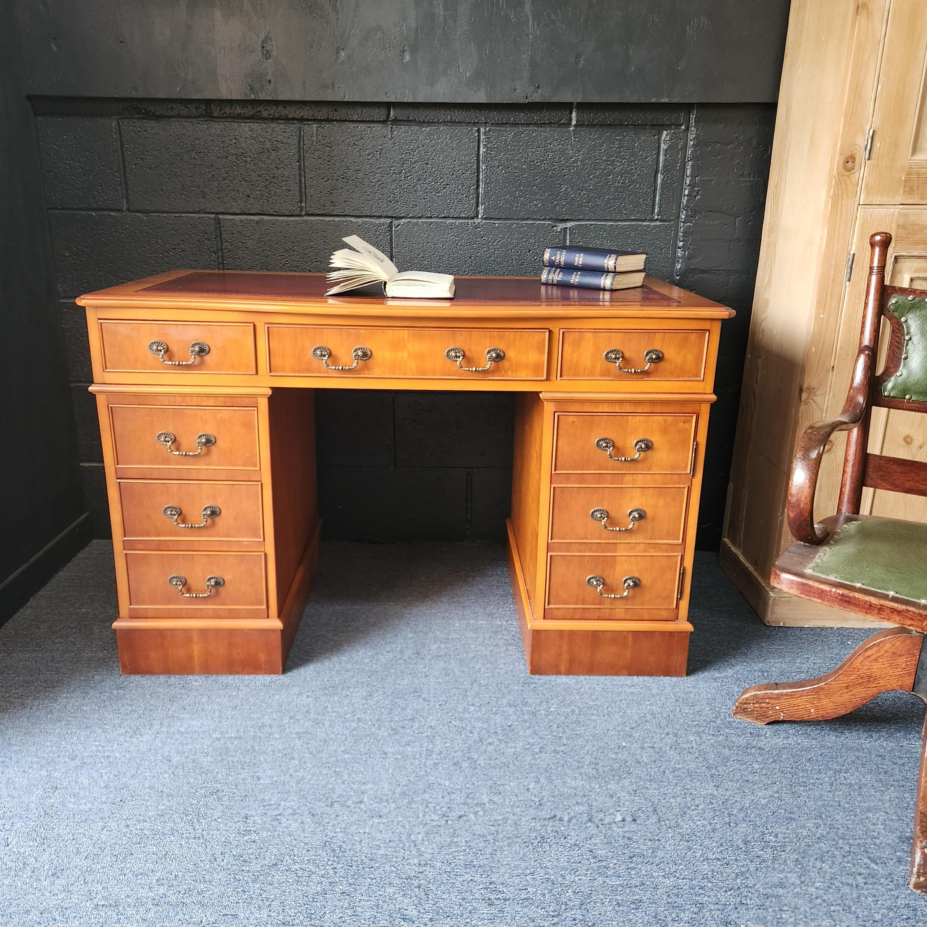 Regency Style Reproduction Yew Pedestal Desk - circa 1980