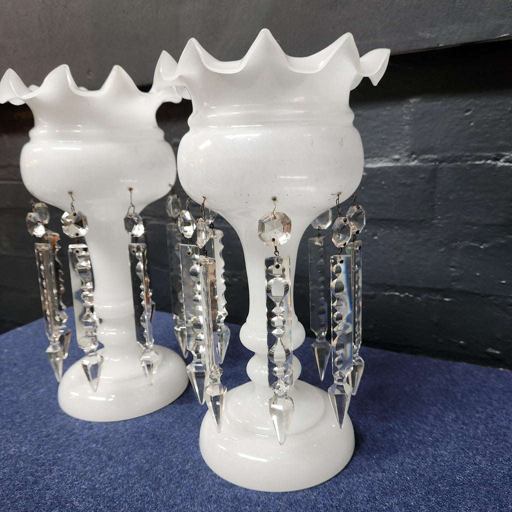 Pair Victorian Milk Glass Lustre's